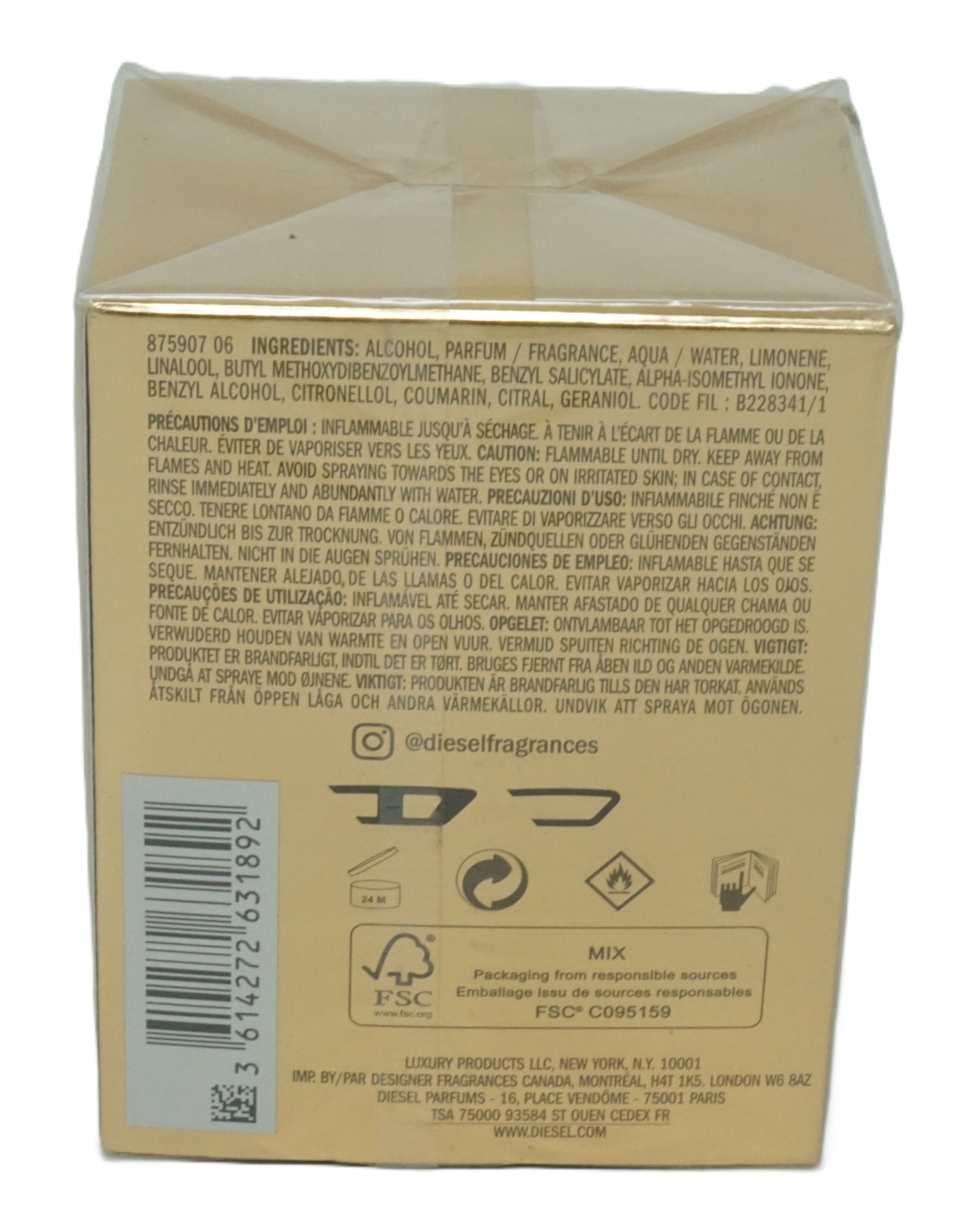 Goldfarbener Karton mit Text und Barcode. Rückseite mit Inhaltsstoffen, Warnhinweisen und Logos.