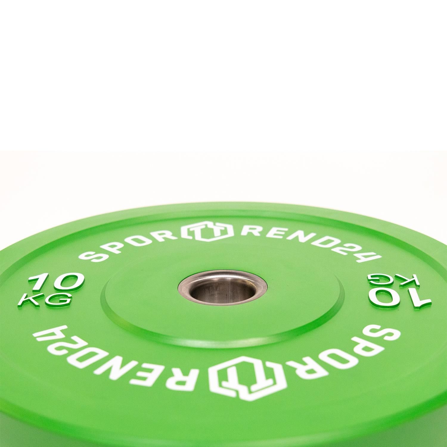 Grüne Sporttrend24 Bumper Plate. Gewicht: 10 kg. Aufschrift: Sporttrend24. Runde Form mit Metallkern.