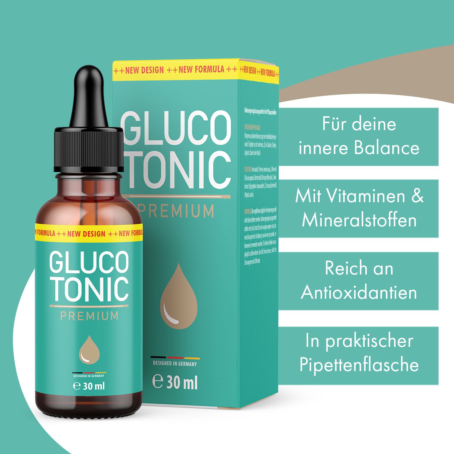 Braune Glasflasche mit Tropfer und Verpackung. Aufschrift: GLUCOTONIC PREMIUM. Flasche: 30 ml. Verpackung: Türkis, gelb und weiß.