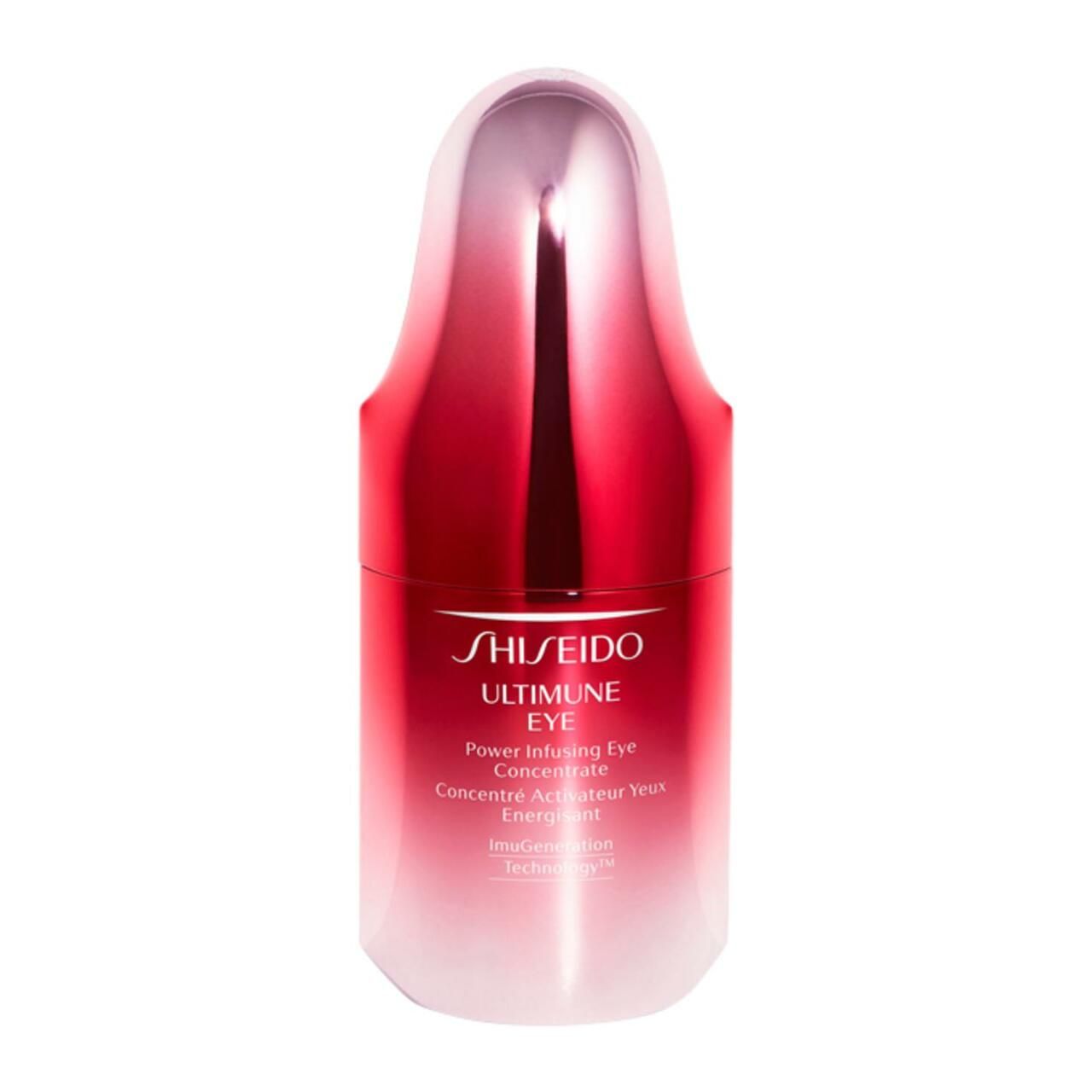 Rote Flasche mit silberner Kappe. Aufschrift: SHISEIDO, Ultimune Eye, Power Infusing Eye Concentrate. Farbverlauf von Rot nach Weiß.