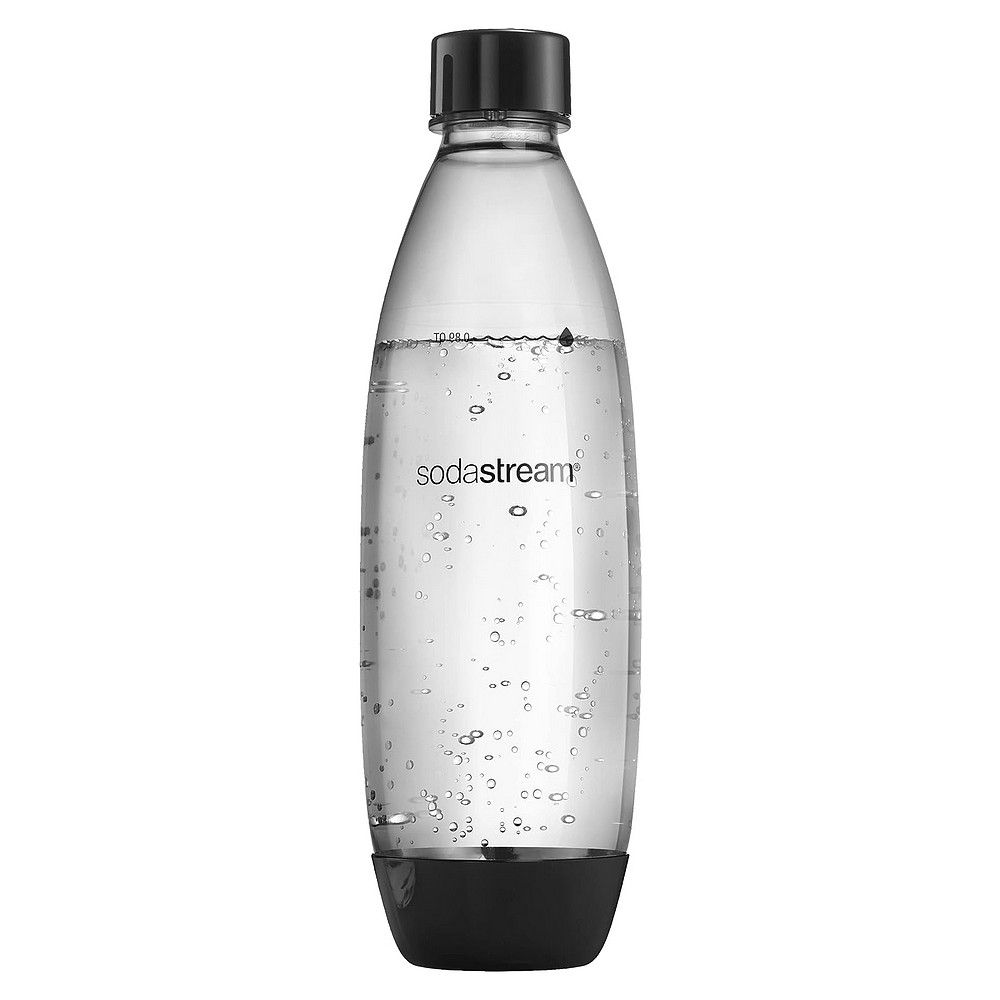 SodaStream Flasche mit schwarzem Deckel, gefüllt mit Wasser.