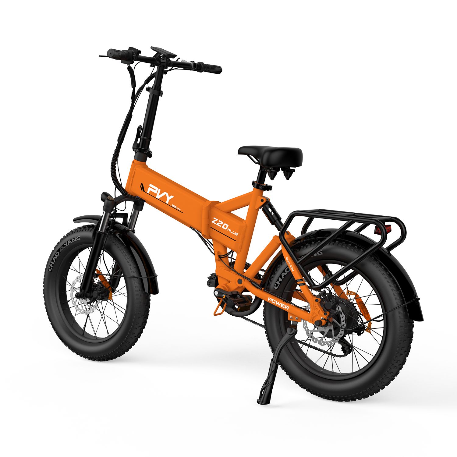 Orangefarbenes E-Bike mit schwarzen Reifen und Gepäckträger. Auf dem Rahmen steht PVY Z20 Plus.
