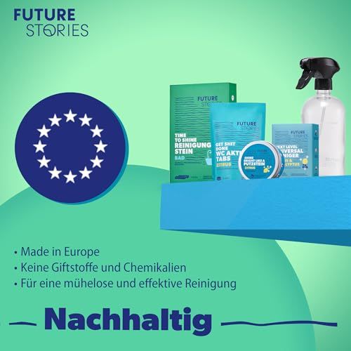 Produkte der Marke Future Stories auf einem Regal. Europäisches Qualitätssiegel. Text: Nachhaltig, keine Giftstoffe, mühelose Reinigung.
