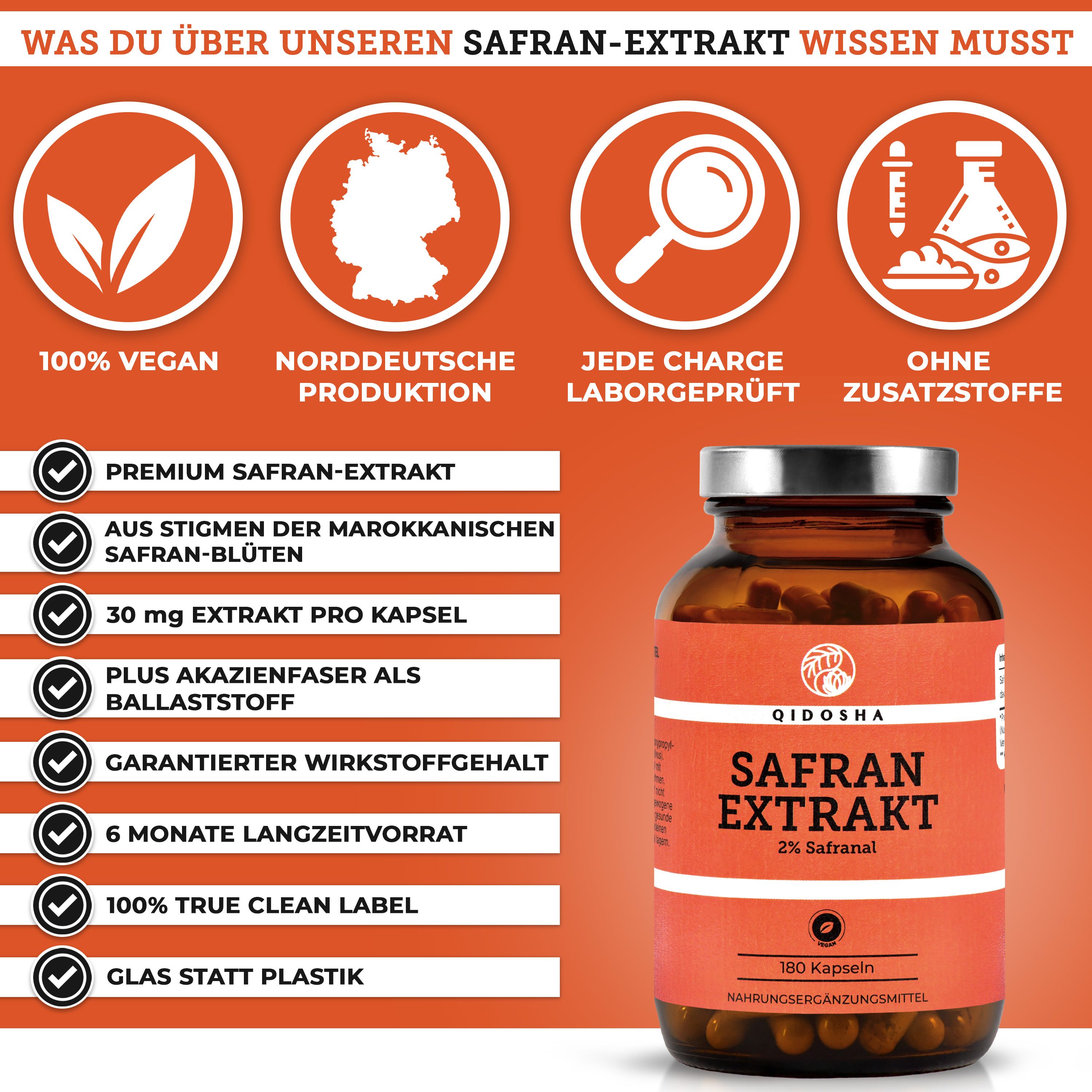 Glasflasche mit Kapseln, umgeben von Icons. Aufschrift: QIDOSHA Safran Extrakt, 2% Safranal, 180 Kapseln. Vegan.