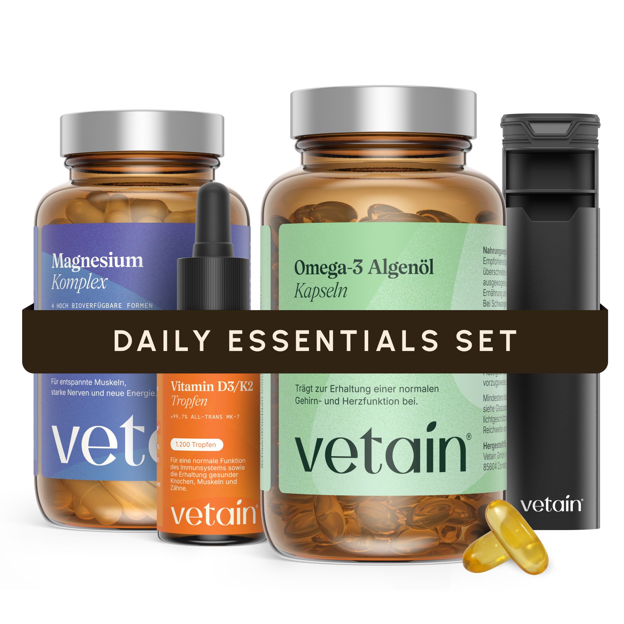 Vetain Daily Essentials Set – Magnesium Komplex, Omega 3 Vegan & Vitamin D3 K2 Tropfen 4 St Kapseln