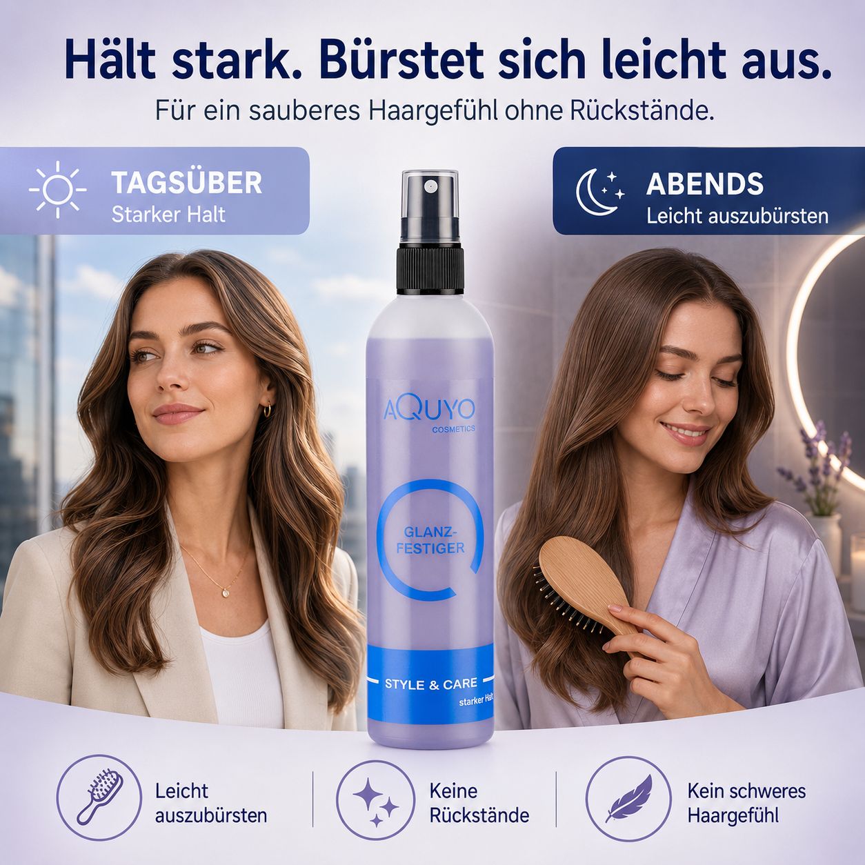 Frau kämmt ihr Haar, das starken Halt bietet und leicht auszubürsten ist.