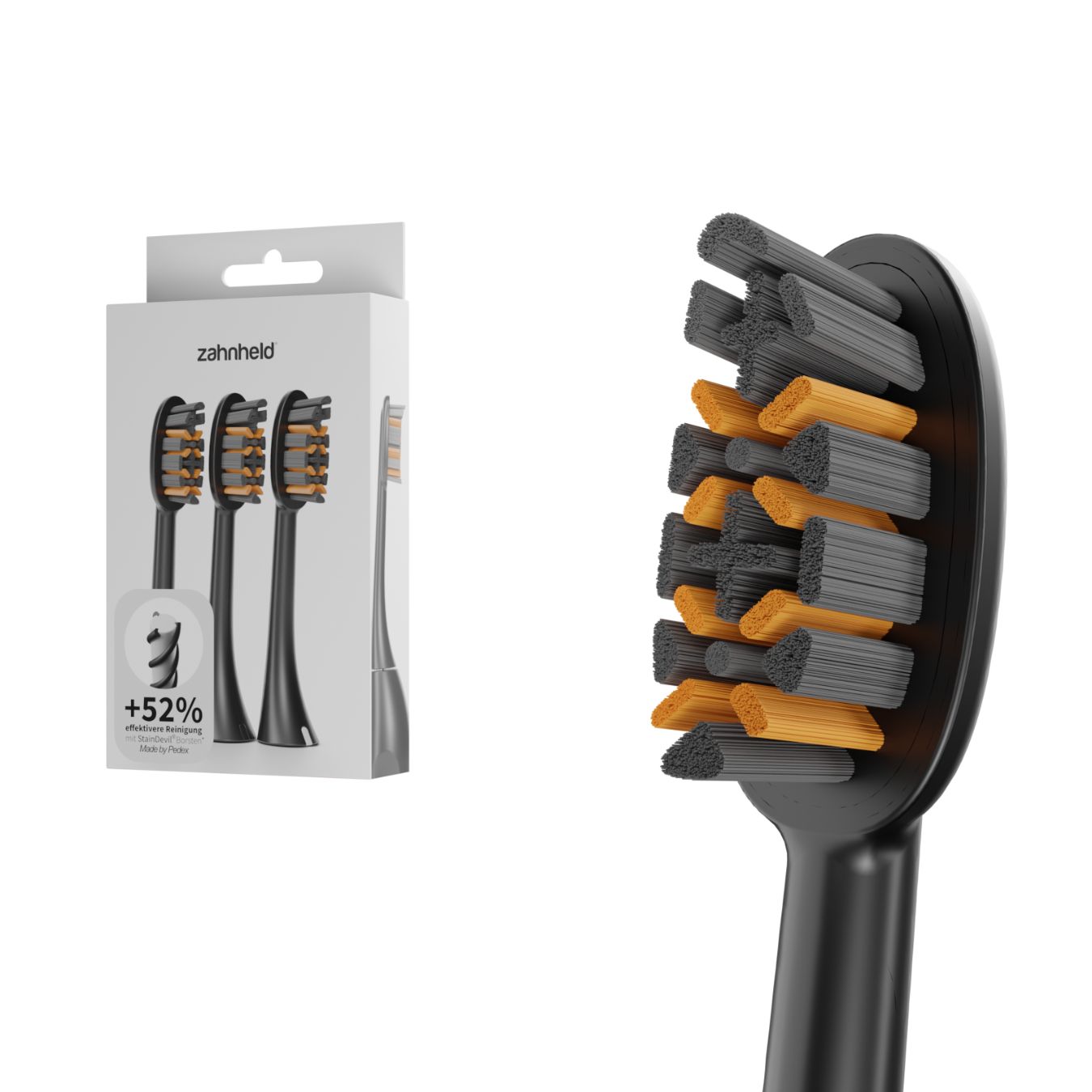Zahnheld Bürstenkopf Pro X-Clean schwarz (3 Stück) in Verpackung. Schwarzer Bürstenkopf mit grauen und orangenen Borsten.