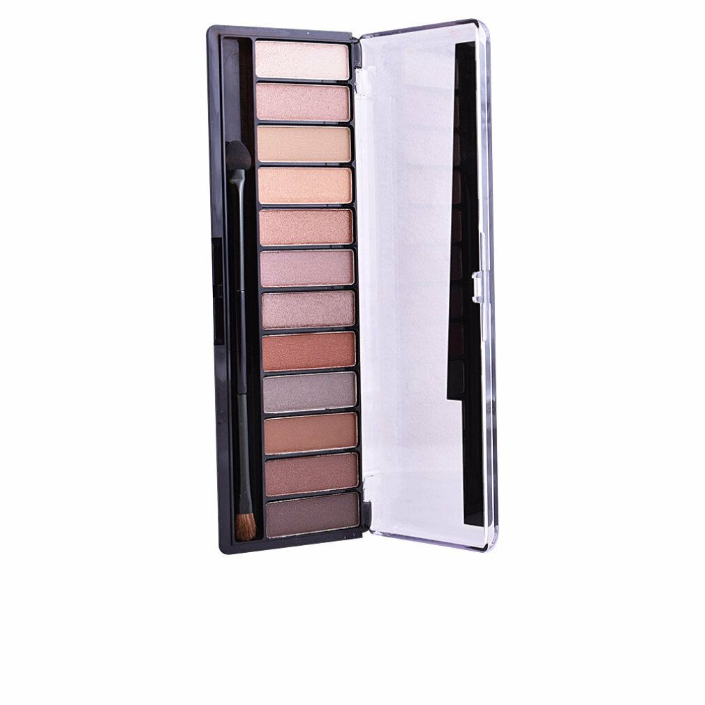 Lidschatten-Palette mit 12 Farbtönen und Applikator. Schwarze Verpackung mit transparentem Deckel. Geöffnet.