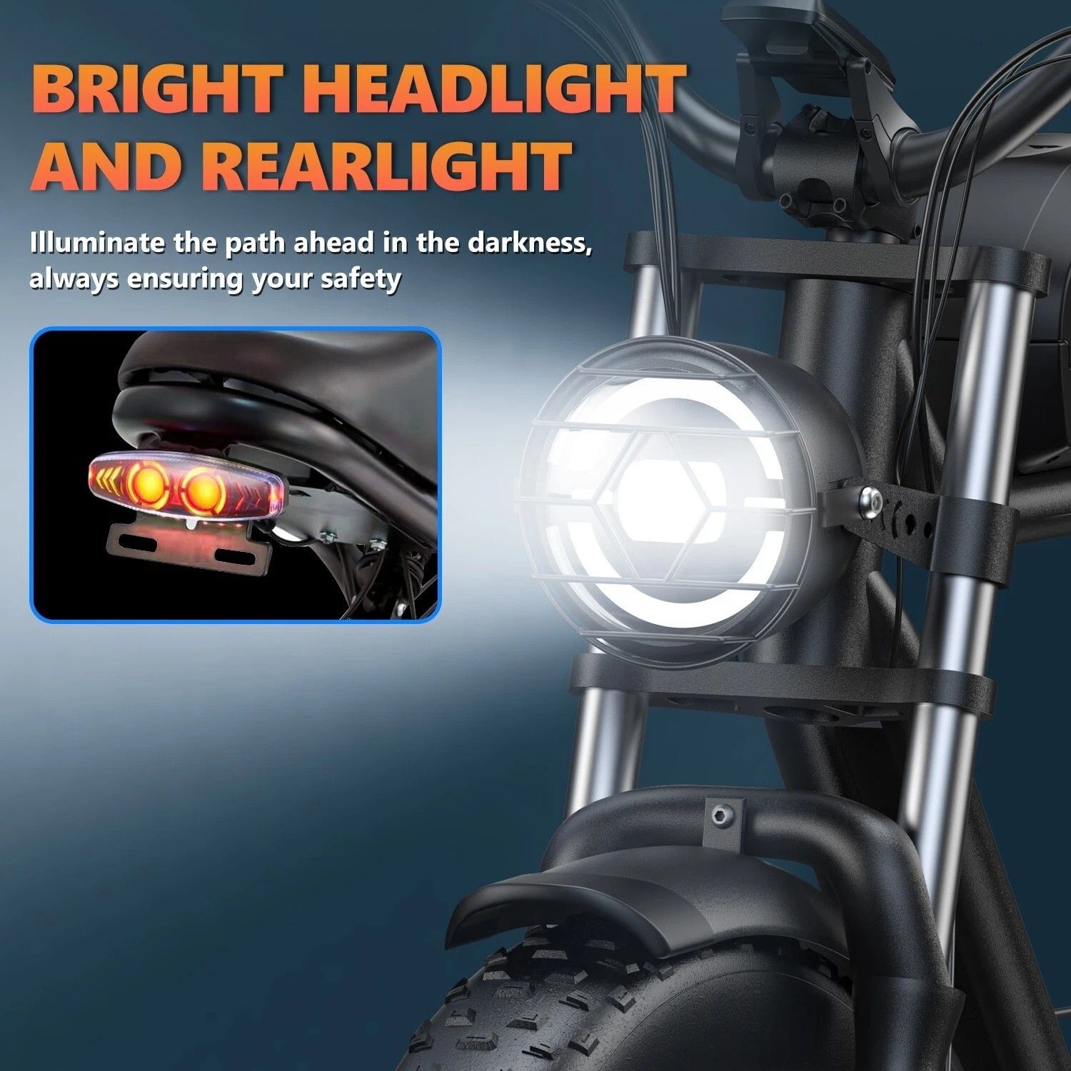Nahaufnahme des Scheinwerfers und Rücklichts eines E-Bikes. Helles Licht. Text: BRIGHT HEADLIGHT AND REARLIGHT.