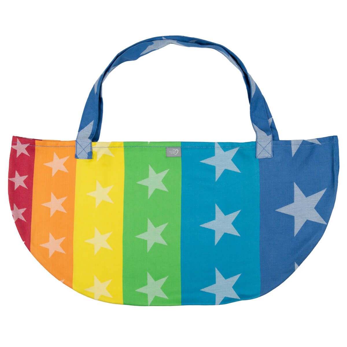 Tragetuch mit Regenbogenfarben und Sternenmuster. Stoff mit Griffen. 