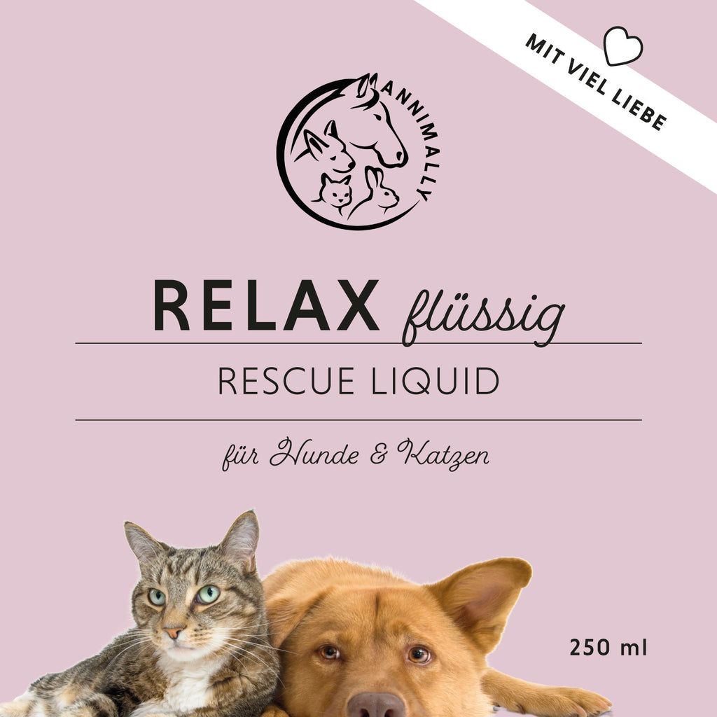 Rosa Hintergrund mit Text: RELAX flüssig Rescue Liquid für Hunde & Katzen. Logo mit Tierabbildungen. Illustrationen von Katze und Hund. Text: Mit viel Liebe.