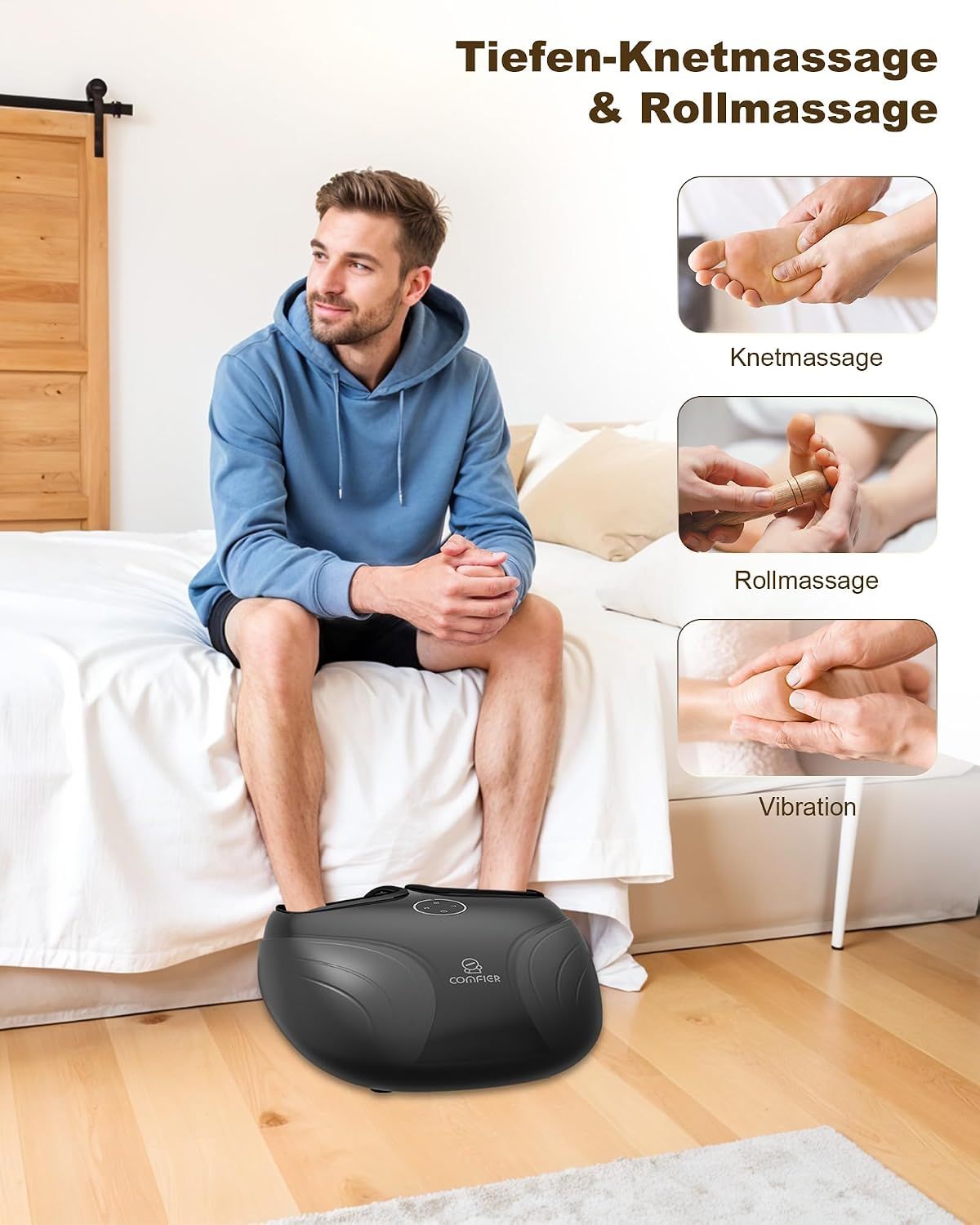 Graue Augenmaske mit Heizfunktion und Luftdruckmassage, auf einem Mann mit geschlossenen Augen liegend.