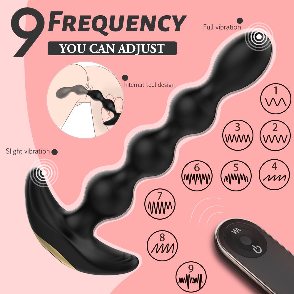 Grafik mit Analvibrator und Fernbedienung. Text: "9 FREQUENCY YOU CAN ADJUST". Vibrationsmuster dargestellt.