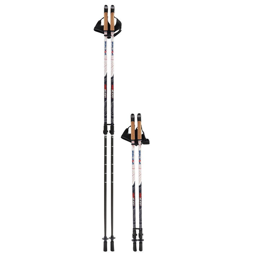 Nordic Walking Stöcke, schwarz-weiß, mit Griffen und Schlaufen. Aufschrift "Sport-Thieme".