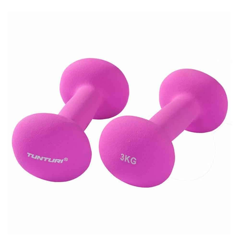 Zwei lilafarbene Hanteln. Auf einer steht "Tunturi", auf der anderen "3KG". Neopren-Hanteln.
