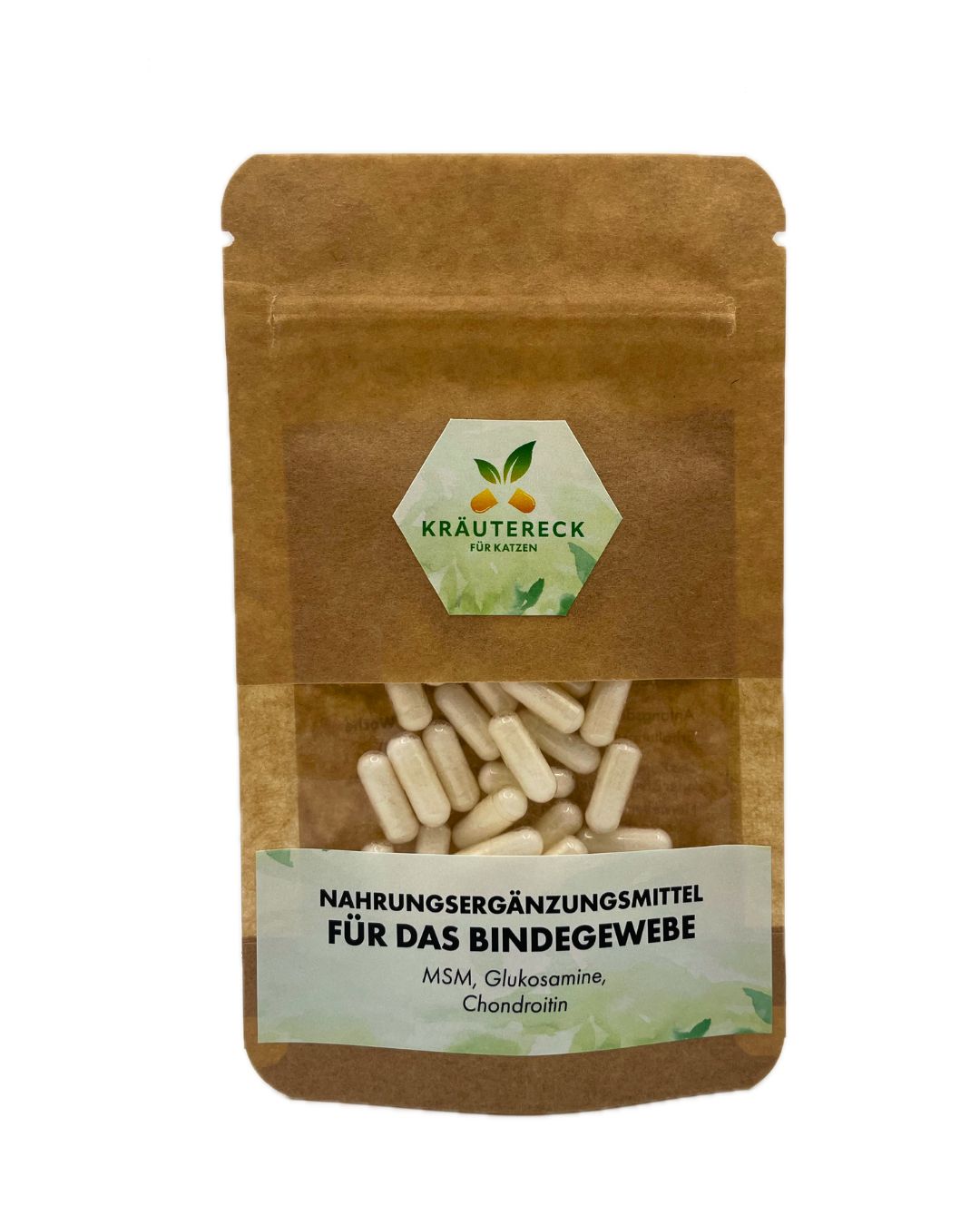 Beutel mit Kapseln. Aufdruck: Kräutereck, Nahrungsergänzungsmittel für das Bindegewebe. Enthält MSM, Glukosamin, Chondroitin.