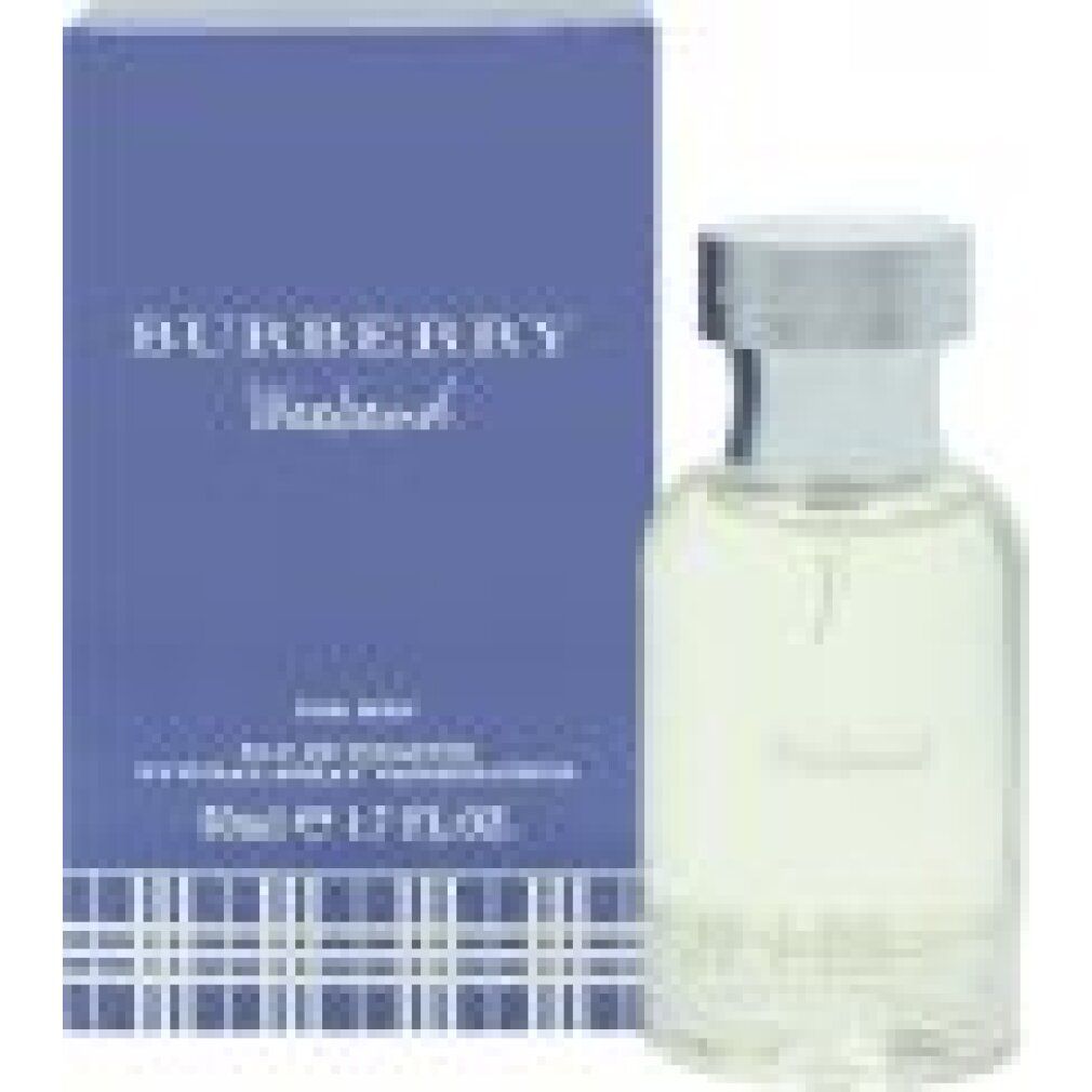 Burberry Weekend Eau de Toilette Spray für Herren. Flakon und Verpackung in Blau. Aufschrift: Burberry Weekend, 50ml.