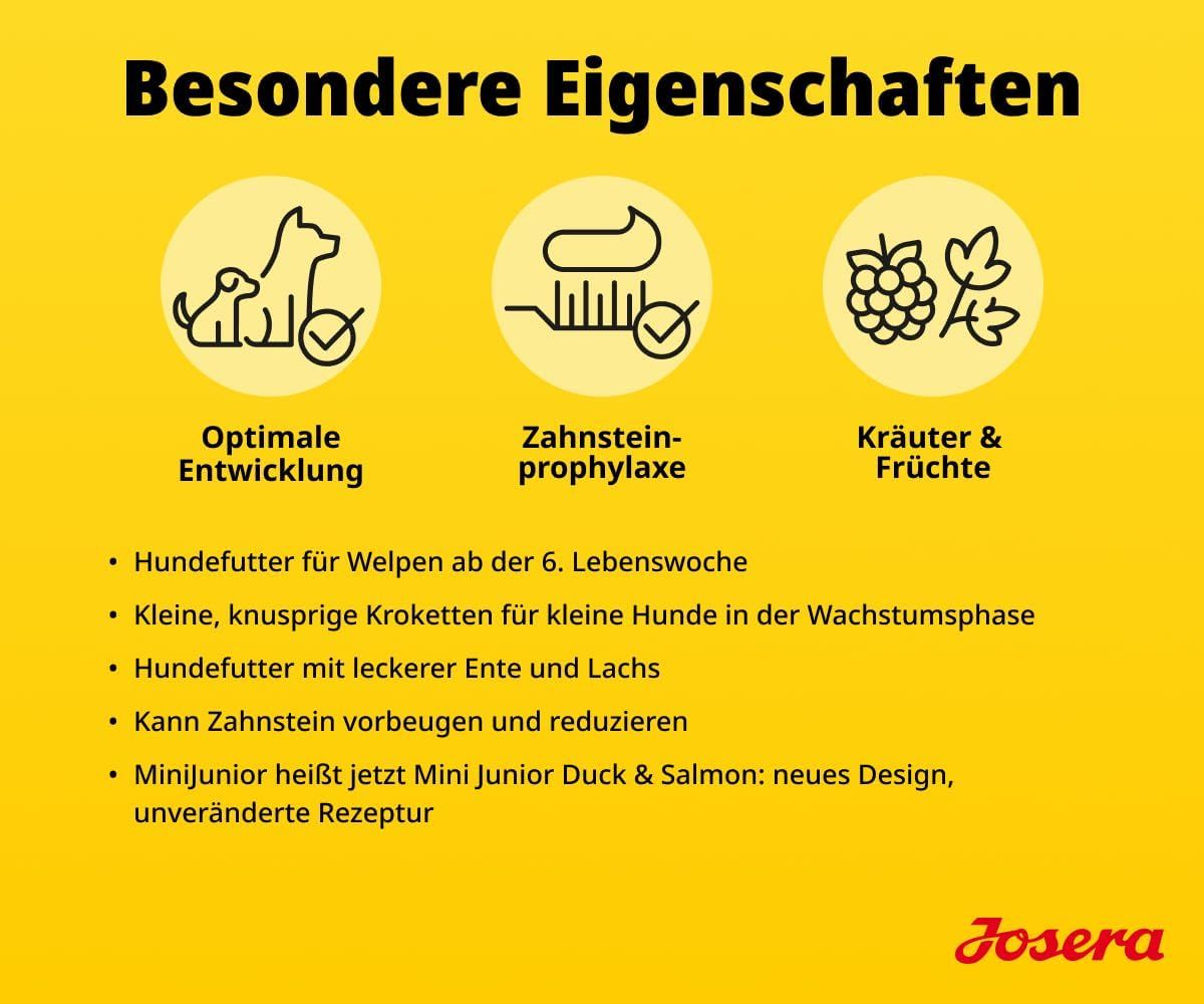 Josera Mini Junior: Besondere Eigenschaften - Optimale Entwicklung, Zahnsteinprophylaxe, Kräuter & Früchte. Hundefutter für Welpen.