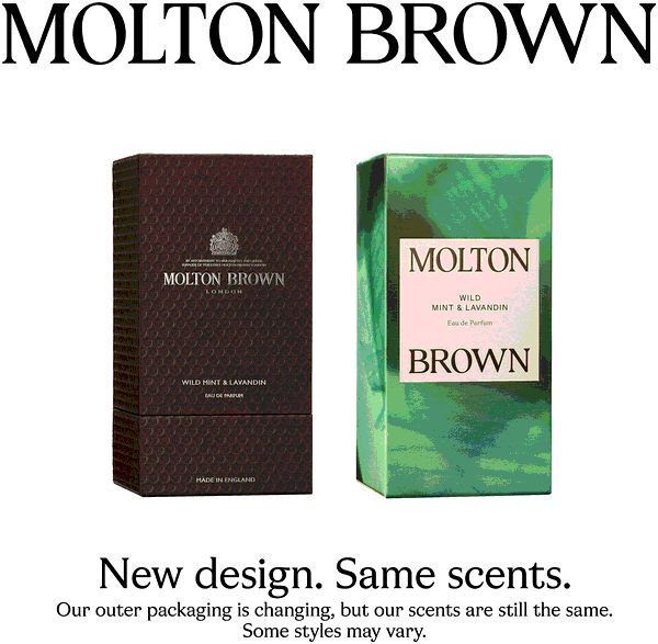 Molton Brown Wild Mint & Lavandin Eau de Parfum Flakon neben seiner braunen Verpackung.