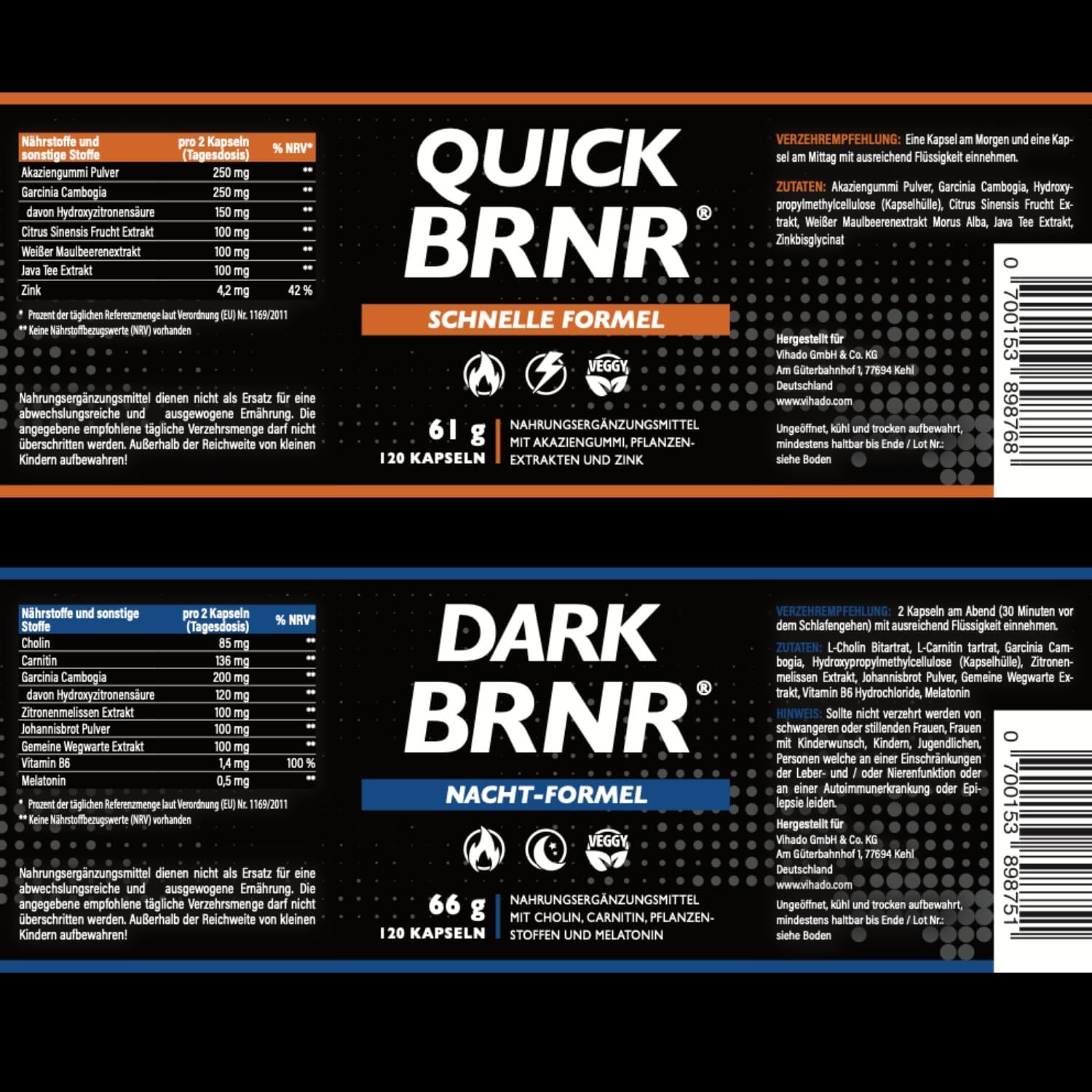 Etiketten der BRNR Stoffwechsel Kur: Quick BRNR (orange) und Dark BRNR (blau).