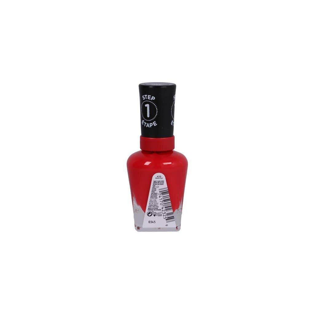 Roter Nagellack in einer Flasche. Schwarzer Deckel mit weißem Text. Auf der Flasche ist ein Etikett mit Barcode.