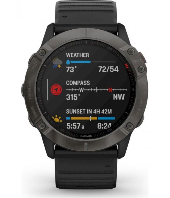 Schwarze Smartwatch mit rundem Zifferblatt. Anzeige von Wetter, Kompass und Uhrzeit. Marke Garmin.
