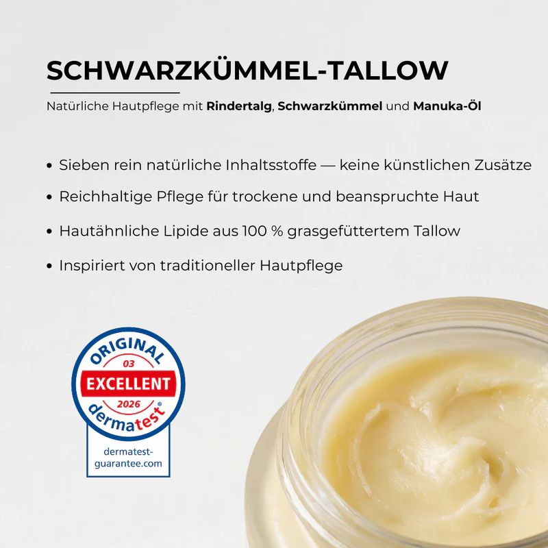 Glas mit gelblicher Creme, daneben ein Dermtest-Siegel.