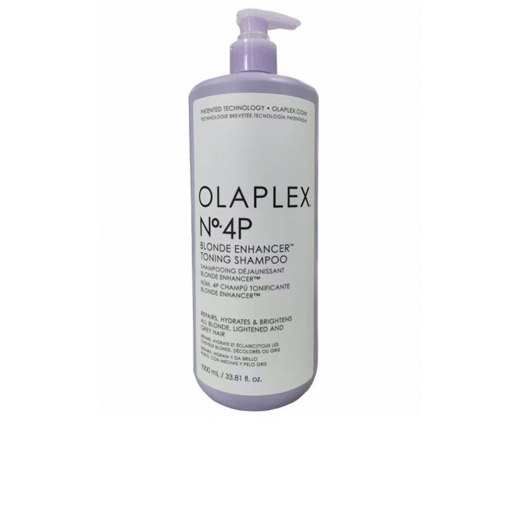 Olaplex N°4P Blonde Enhancer Toning Shampoo Flasche. Lila Flasche mit Pumpe. Text auf Etikett.