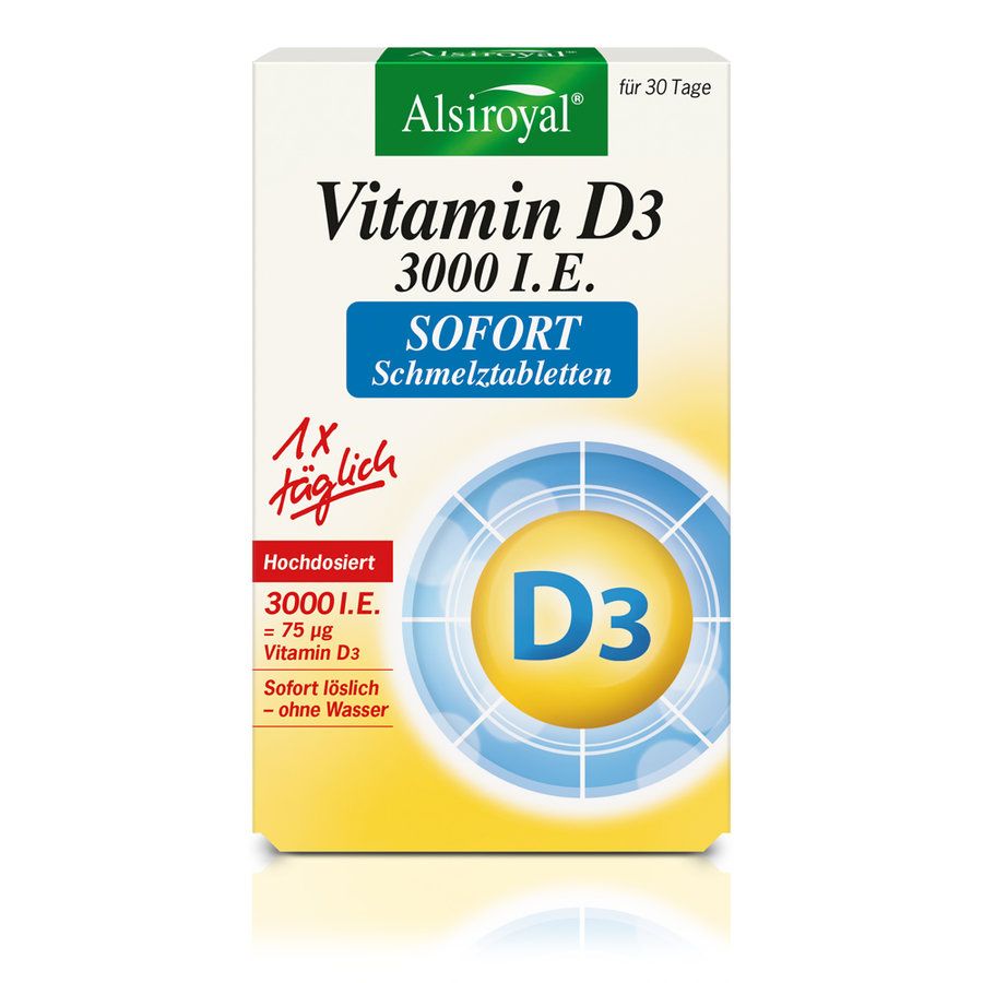 Verpackung mit Vitamin D3 Schmelztabletten. Blaue und gelbe Elemente, Schriftzug 'Alsiroyal' und 'Vitamin D3 3000 I.E. SOFORT'.