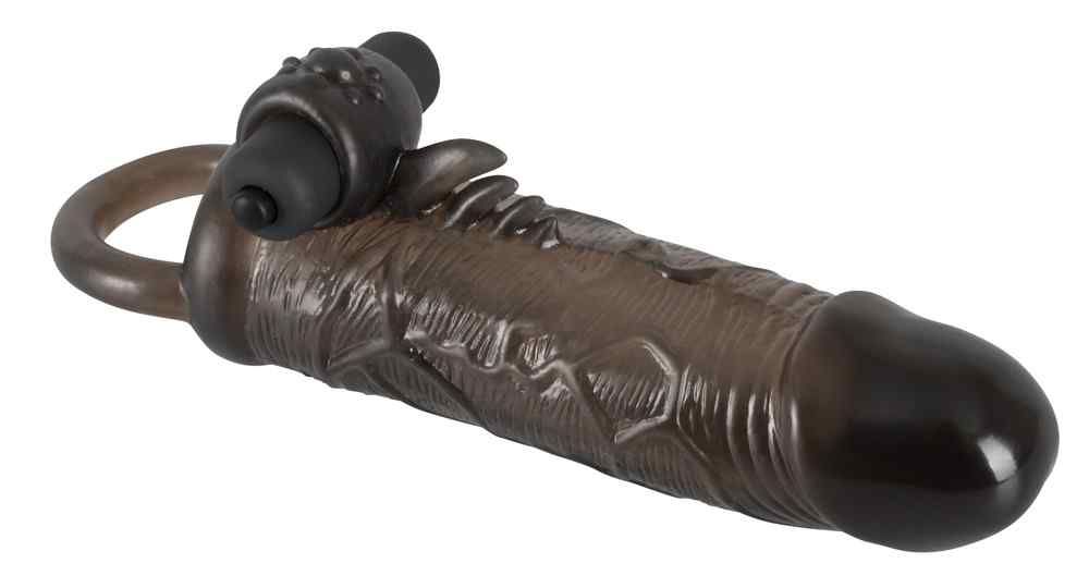 Schwarzes Verlängerungsstück mit Ring und Aufsatz. Geformte Oberfläche. Aus Gummi.