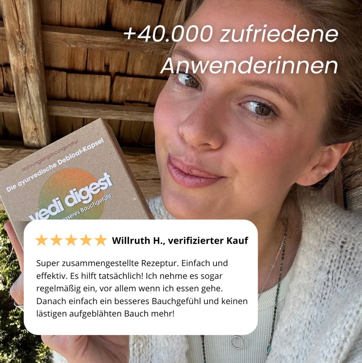 Frau hält "vedi digest"-Schachtel. Text: "+40.000 zufriedene Anwenderinnen". Zitat: "besseres Bauchgefühl".