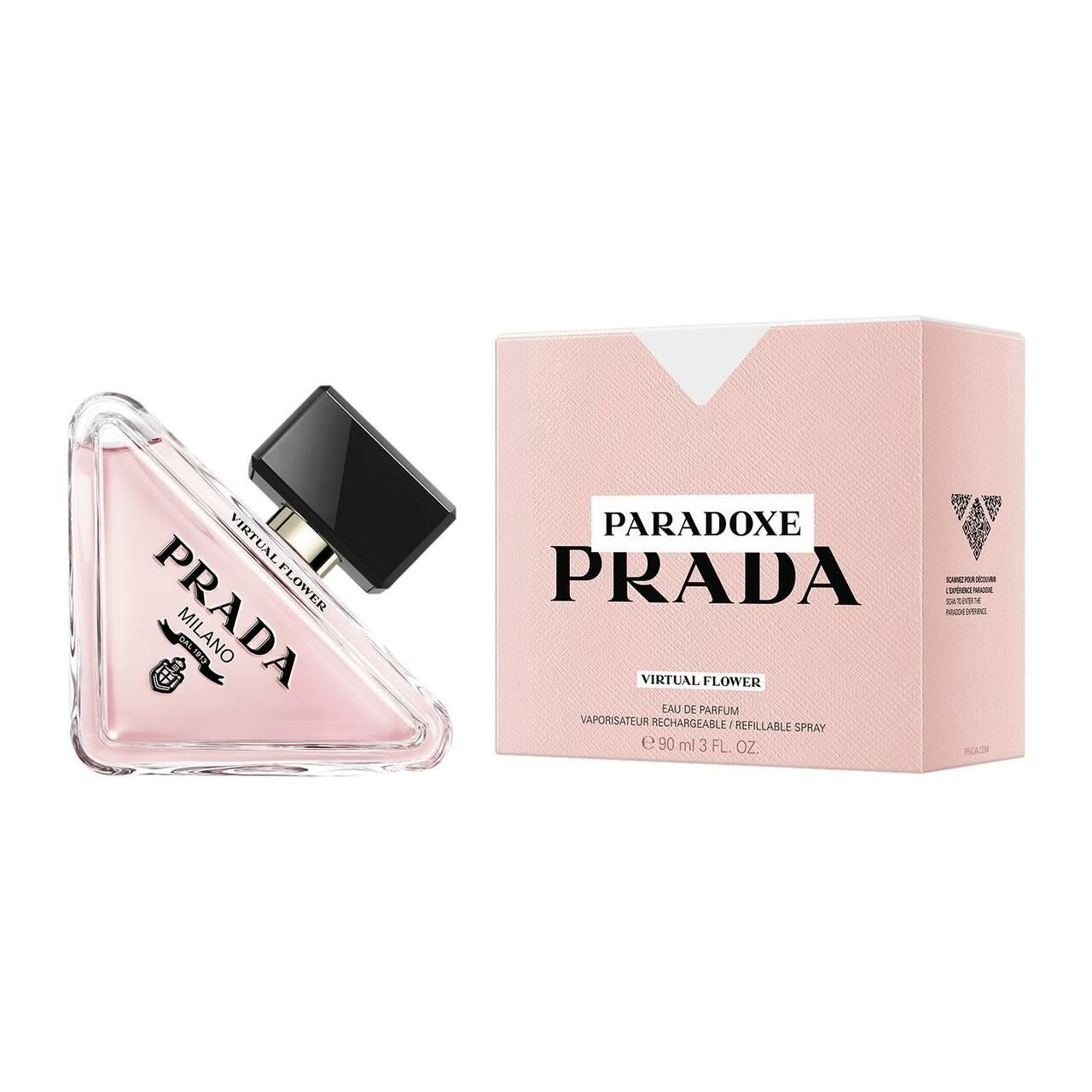 Parfümflasche und Verpackung. Rosa Flüssigkeit, schwarzer Deckel. Verpackung mit Logo und Produktnamen.