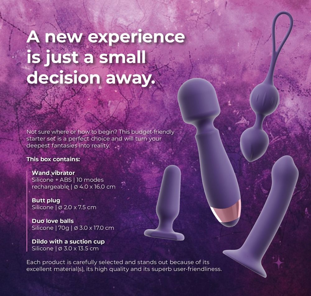 Werbetext mit Produktabbildungen. Enthält Vibrator, Dildo, Butt Plug und Liebeskugeln. Produktinformationen sind angegeben.