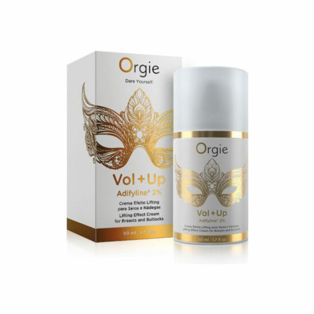 Produktverpackung und Creme-Flakon. Marke: Orgie. Produktname: Vol + Up. Enthält 50 ml. Mit goldener Verzierung.