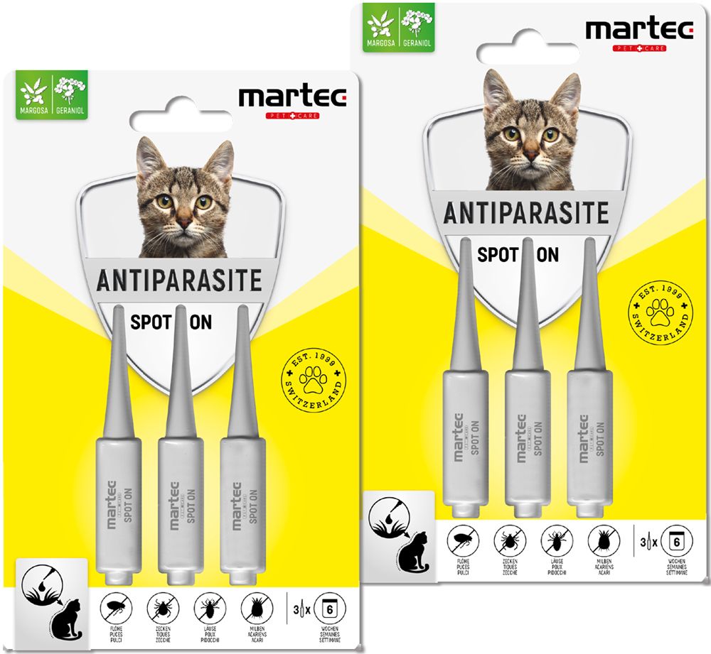 Zwei Packungen Spot-On für Katzen. Jede Packung enthält drei Pipetten. Aufdruck: Antiparasit, Katze, martec.