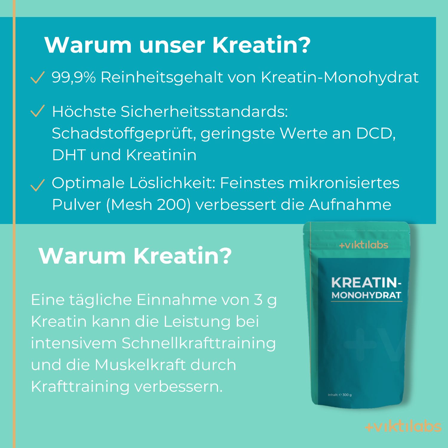 Viktilabs Kreatin Monohydrat: Reinheit, Sicherheit, Löslichkeit.