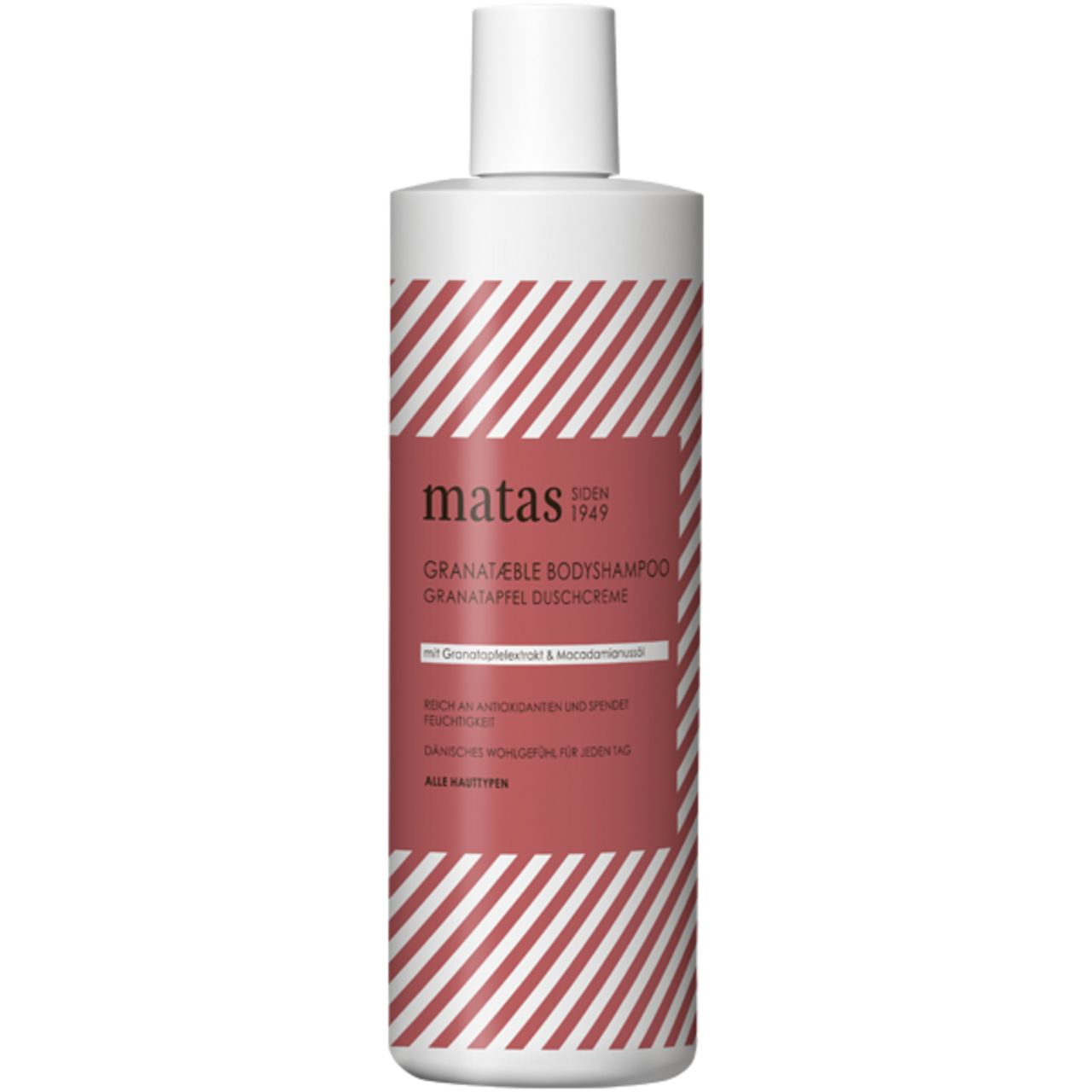 Flasche mit weißem Deckel und rotem Etikett. Text: Matas, Granatæble Bodyshampoo, Granatapfel Duschcreme.