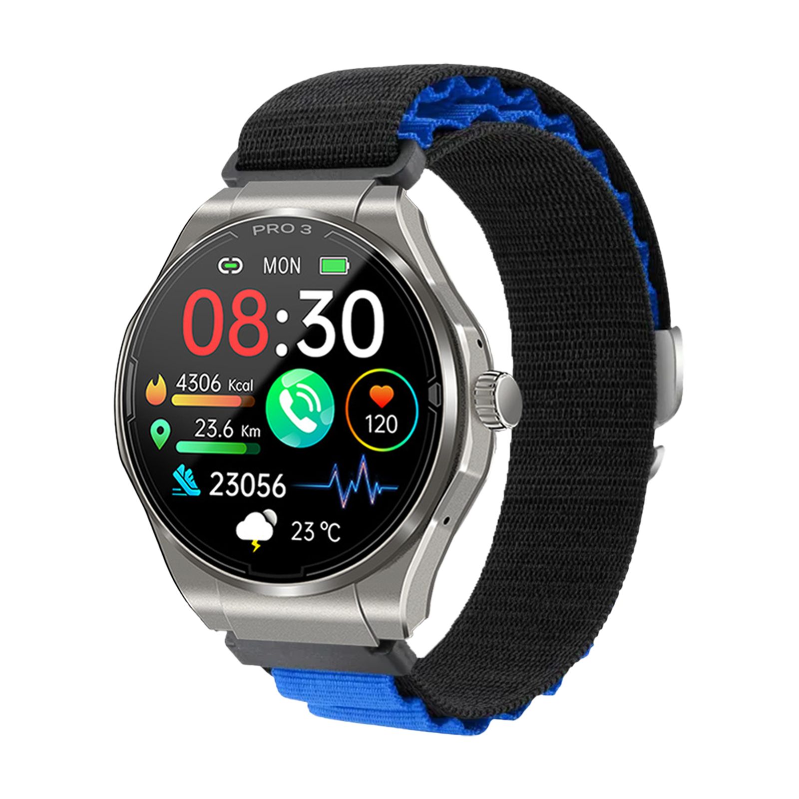 Smartwatch mit rundem Display. Schwarzes Armband mit blauen Akzenten. Zeigt Uhrzeit, Kalorien, Distanz, Herzfrequenz und Schritte an.
