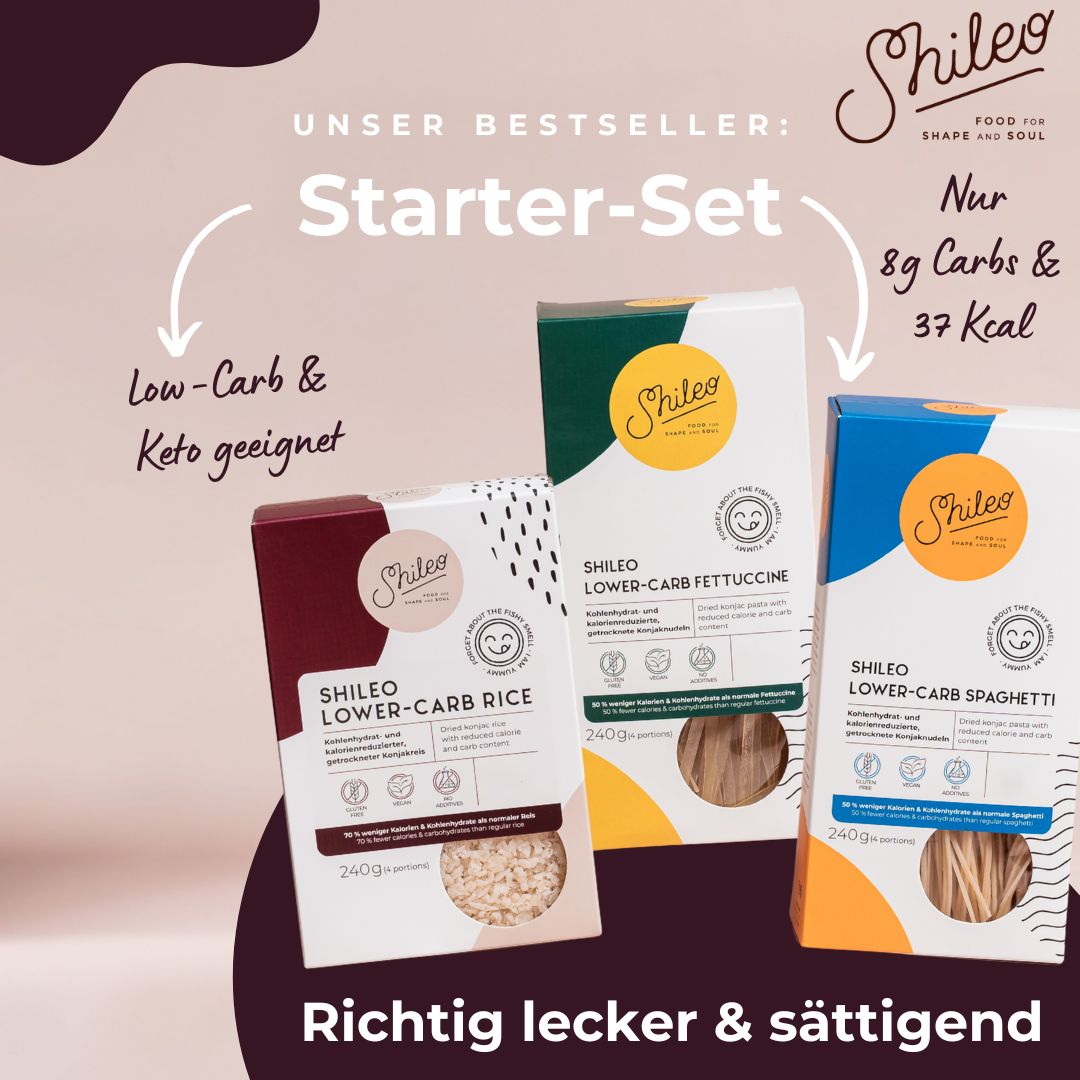 SHILEO Starter-Set mit drei Produkten: Reis, Fettuccine und Spaghetti. Text: Low-Carb & Keto geeignet. Nur 8g Kohlenhydrate & 37 Kcal.