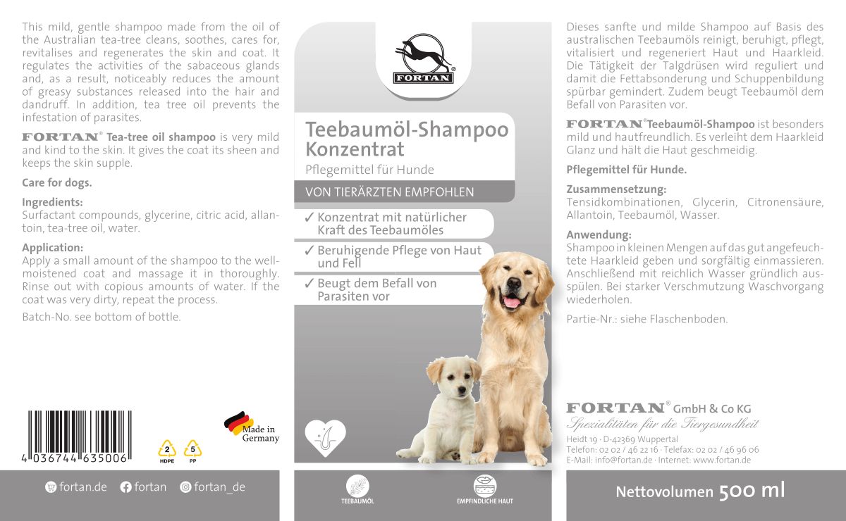 Ausgebreitetes Etikett von FORTAN Teebaumöl-Shampoo. Produktname, Logo, Abbildung von Hunden, Text in Deutsch und englischer Text.