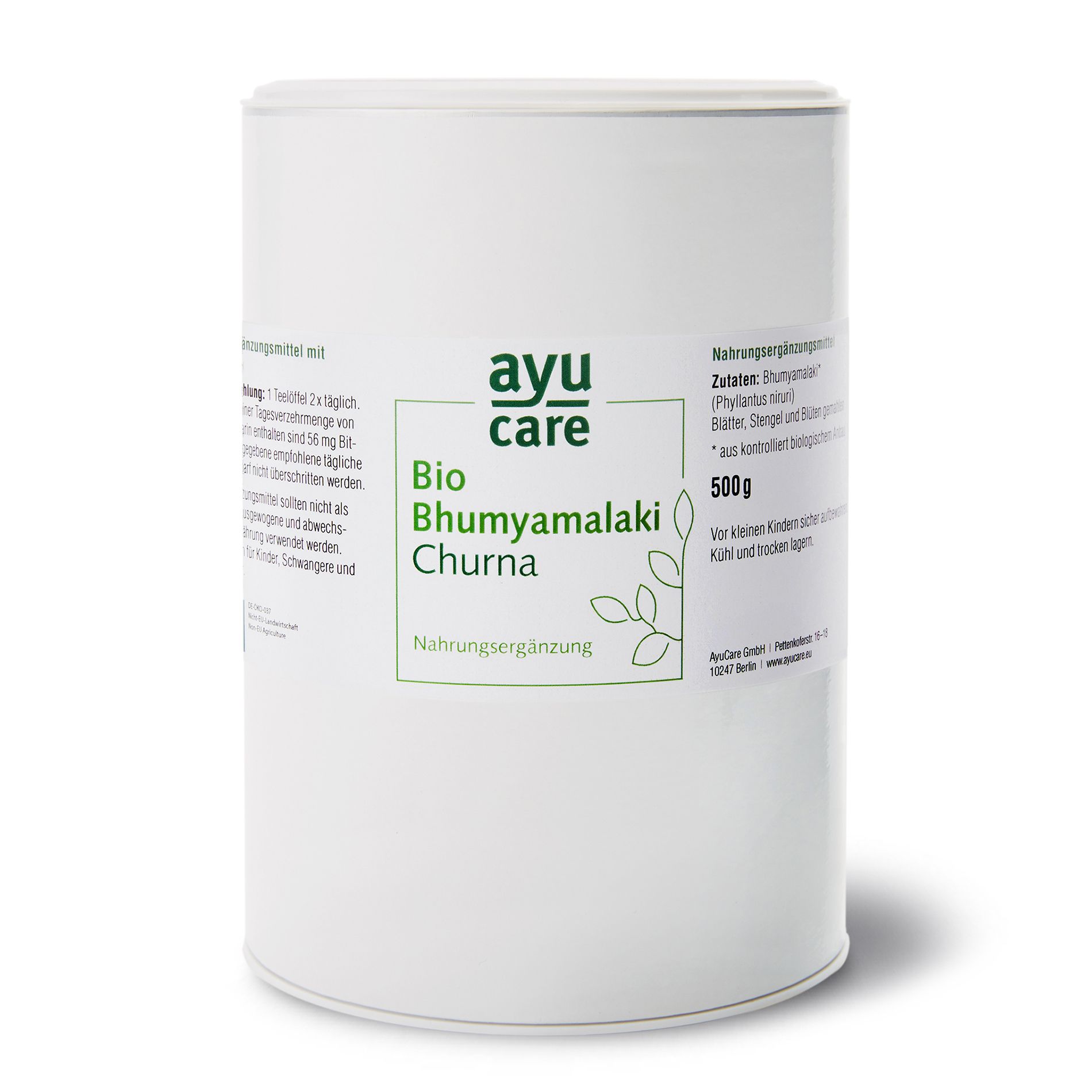 Zylindrische Dose mit AyuCare-Etikett. Aufschrift: Bio Bhumyamalaki Churna, 500g. Grün-weiße Verpackung.
