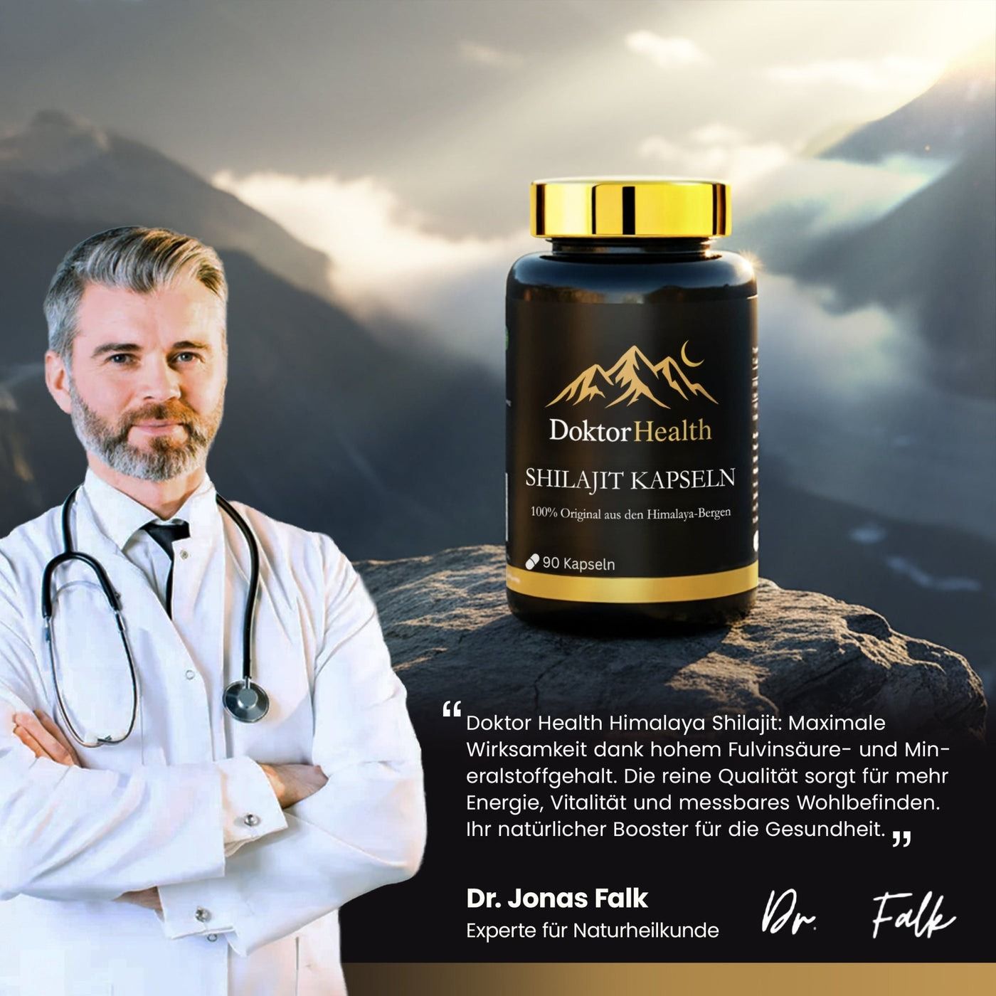 Schwarze Flasche mit goldenem Deckel. Aufschrift: Doktor Health Shilajit Kapseln. Mann im weißen Kittel.