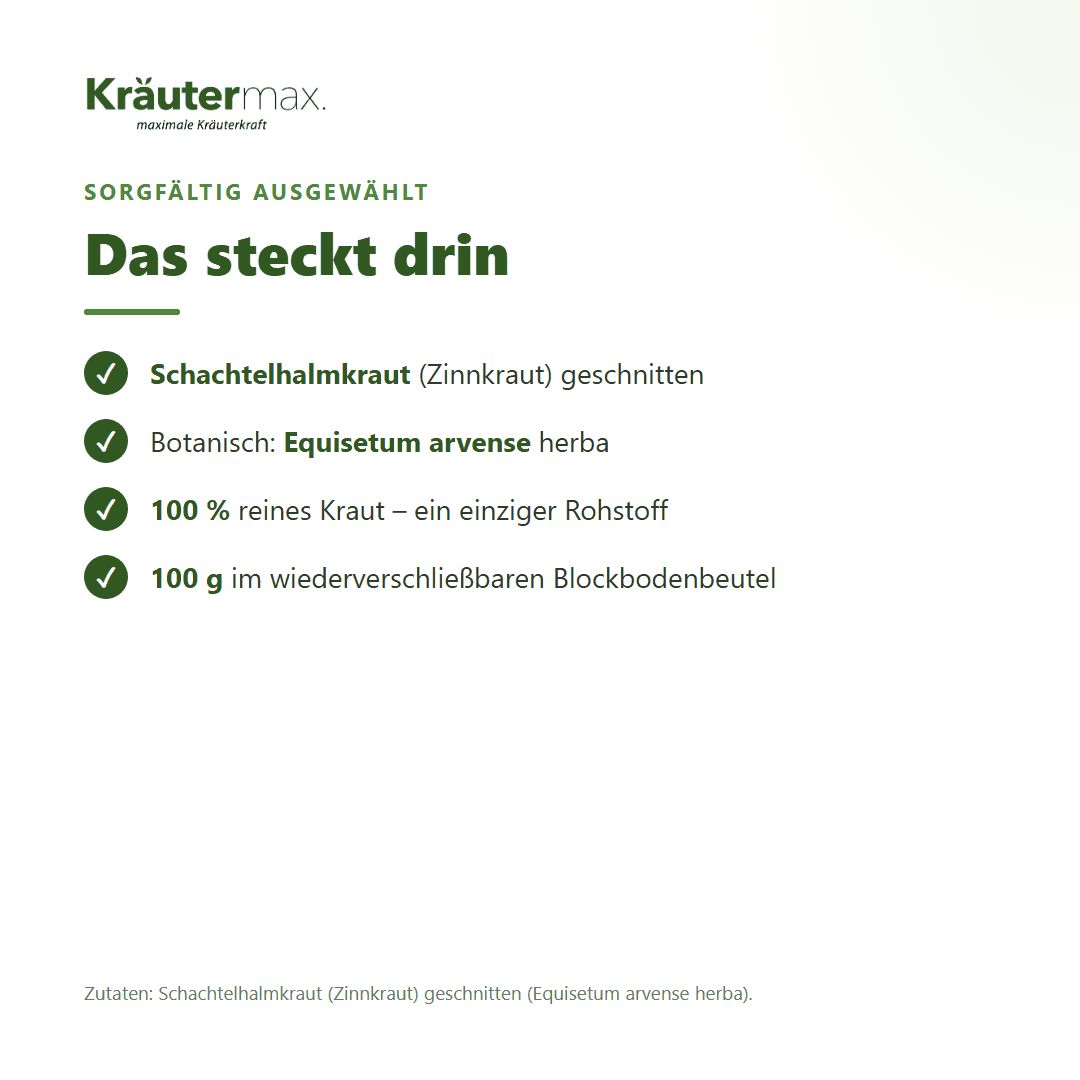 Übersicht der Inhaltsstoffe von Kräutermax Schachtelhalm Tee.