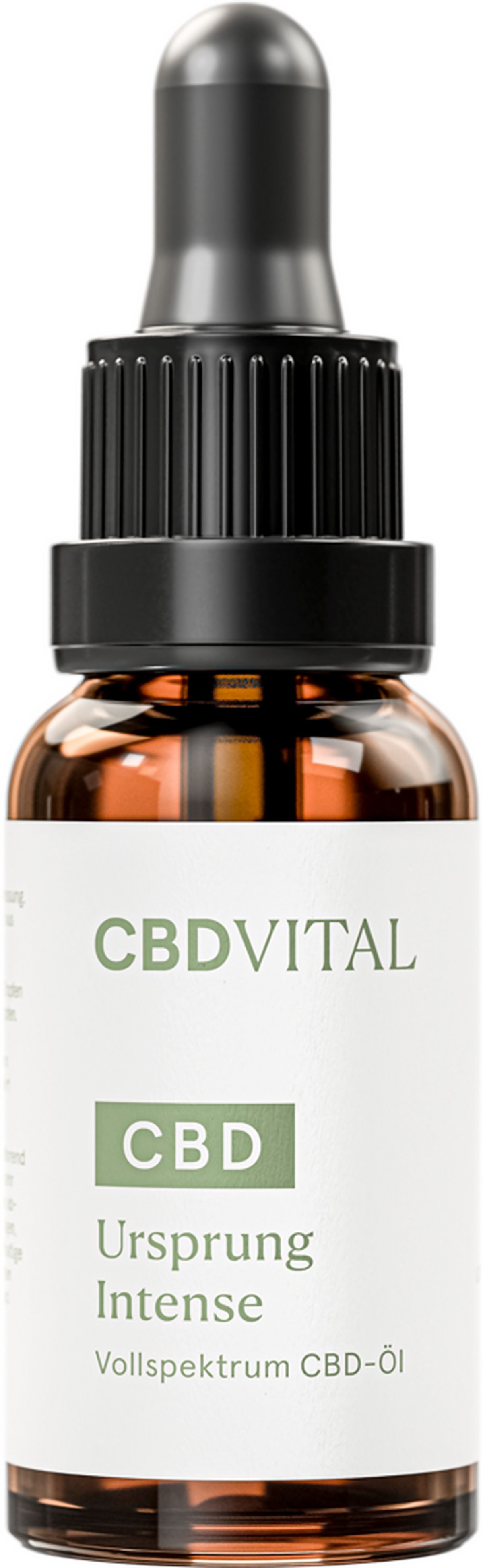 Braune Glasflasche mit Pipettenverschluss. Etikett mit 'CBDVITAL', 'CBD', 'Ursprung Intense' und 'Vollspektrum CBD-Öl'.