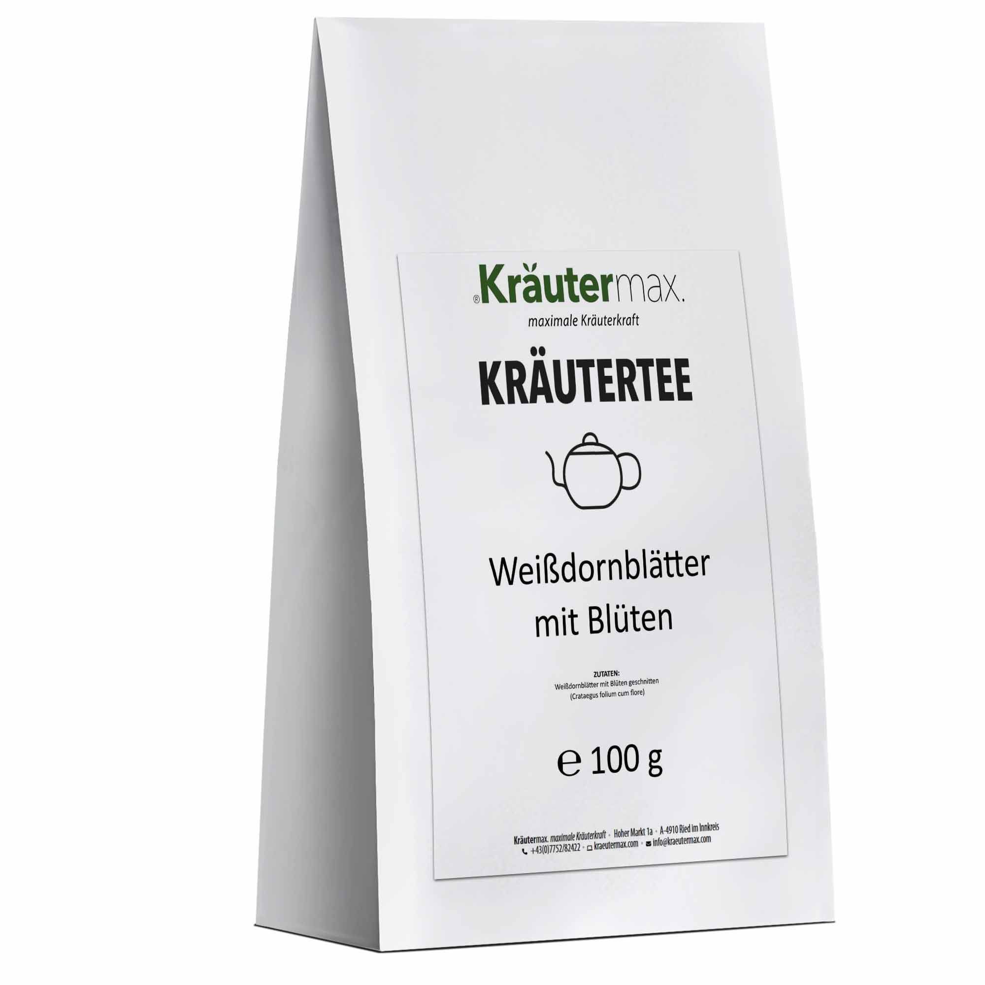 Weiße Verpackung mit Kräutertee-Etikett. Text: Kräutermax Kräutertee, Weißdornblätter mit Blüten, e 100 g.