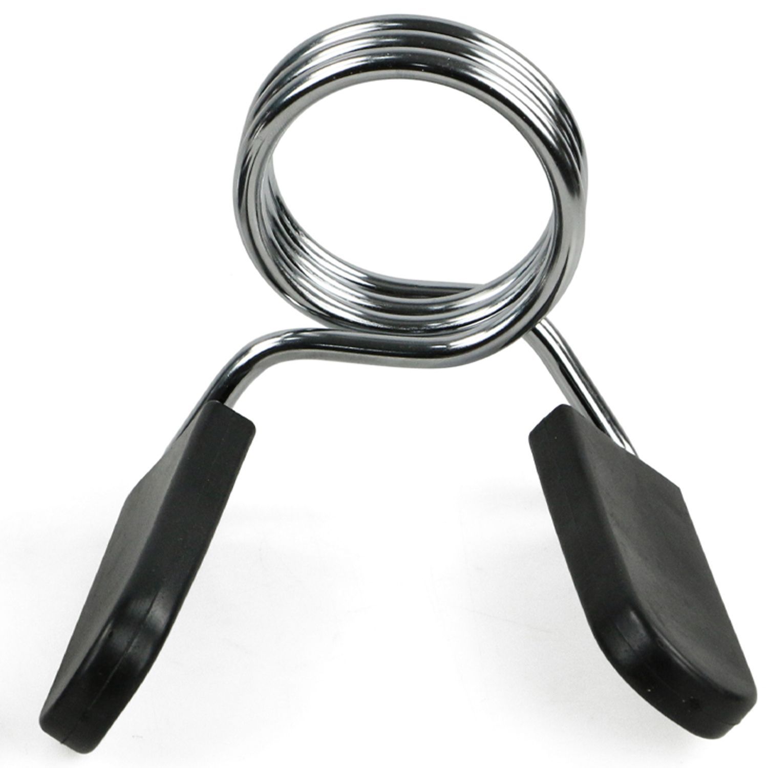 Federverschluss, Metall, schwarz. Zwei schwarze Kunststoffteile an den Enden. Spiralförmiger Metallteil.