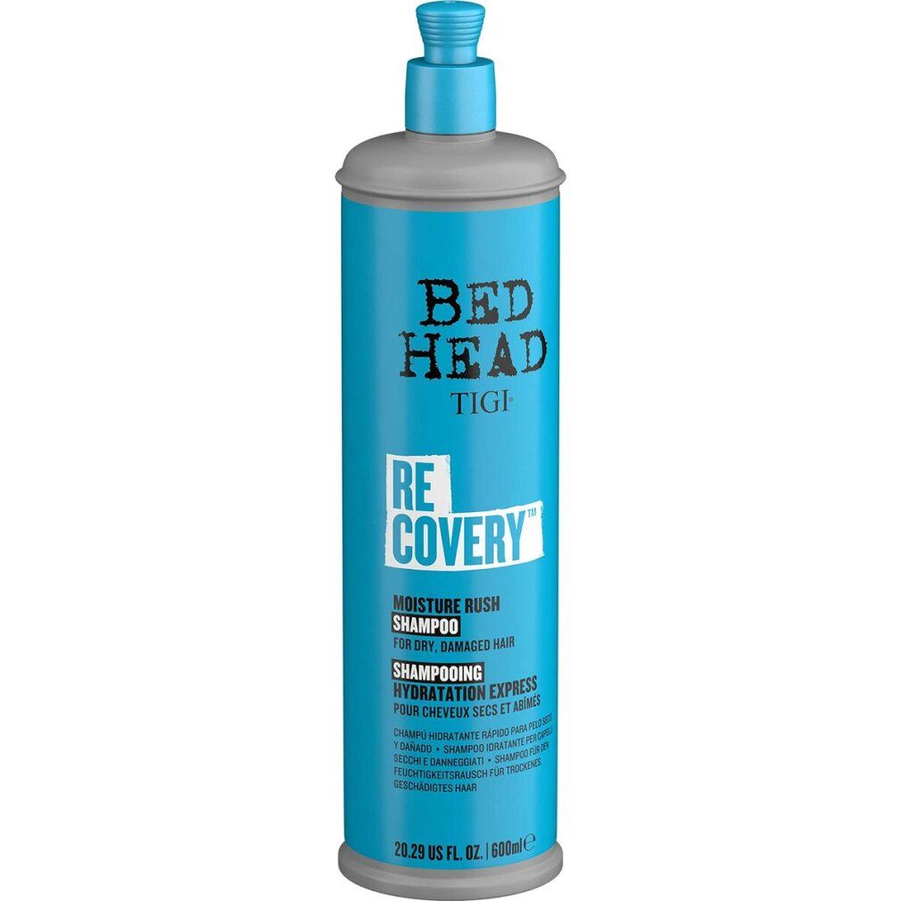 Türkis Shampoo-Flasche mit grauem Deckel. Aufschrift: Bed Head Tigi Re-covery Moisture Rush Shampoo. Für trockenes, geschädigtes Haar.