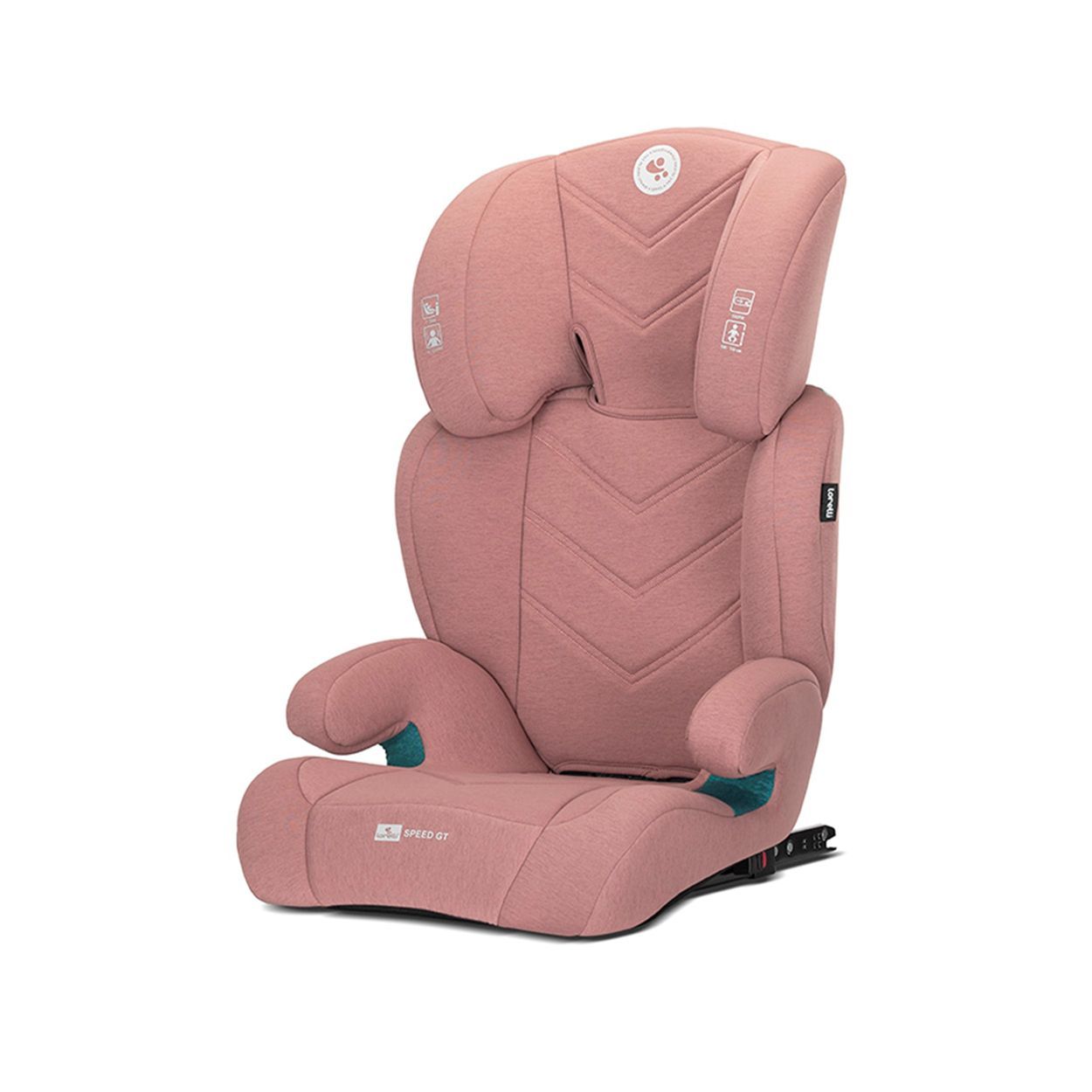 Rosa Kindersitz mit verstellbarer Kopfstütze und gepolsterten Seitenflügeln.