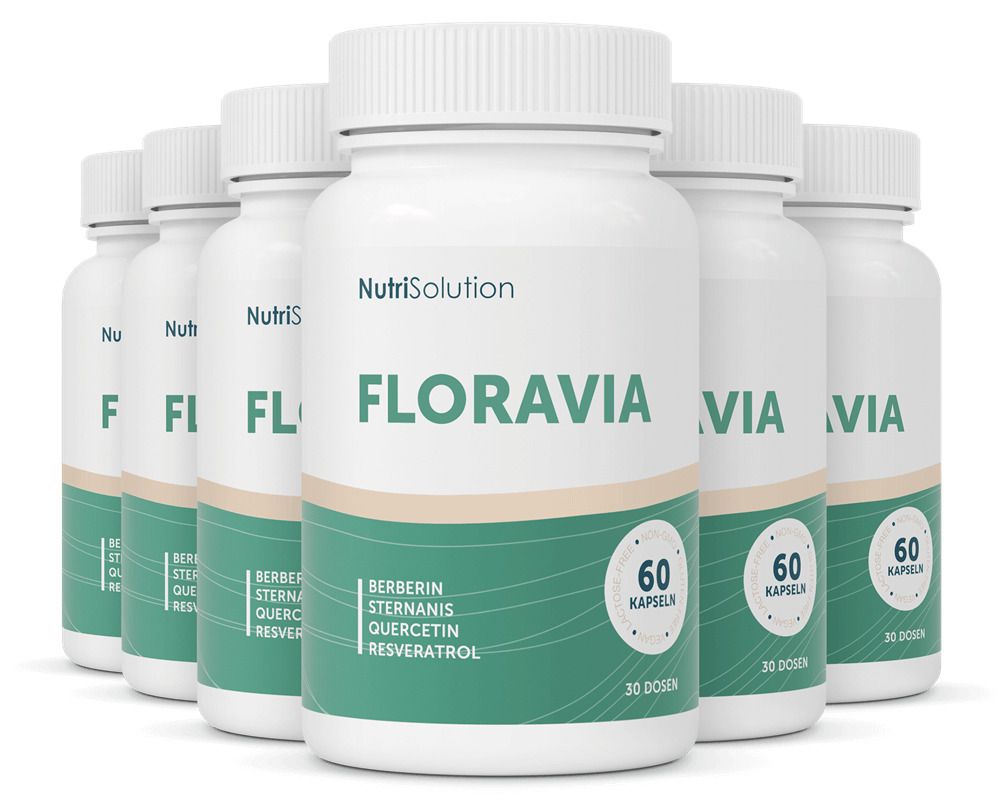 Mehrere weiße Flaschen mit grünen Etiketten. Aufschrift: FLORAVIA, 60 Kapseln. Zutaten: Berberin, Sternanis, Quercetin, Resveratrol.