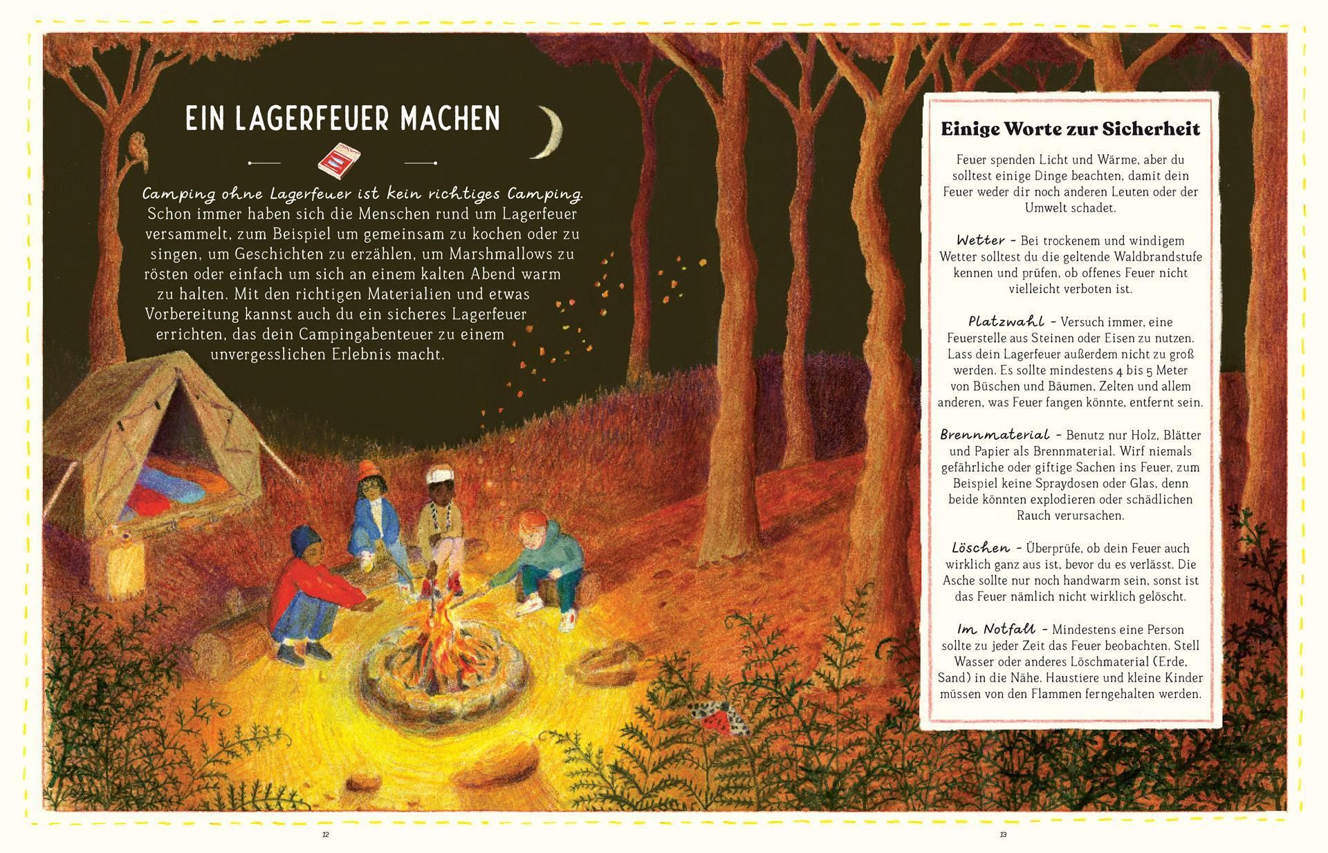 Buchseite: Lagerfeuer-Illustration. Kinder am Feuer, Zelt im Wald. Text: „Ein Lagerfeuer machen“ und Sicherheitsinformationen.